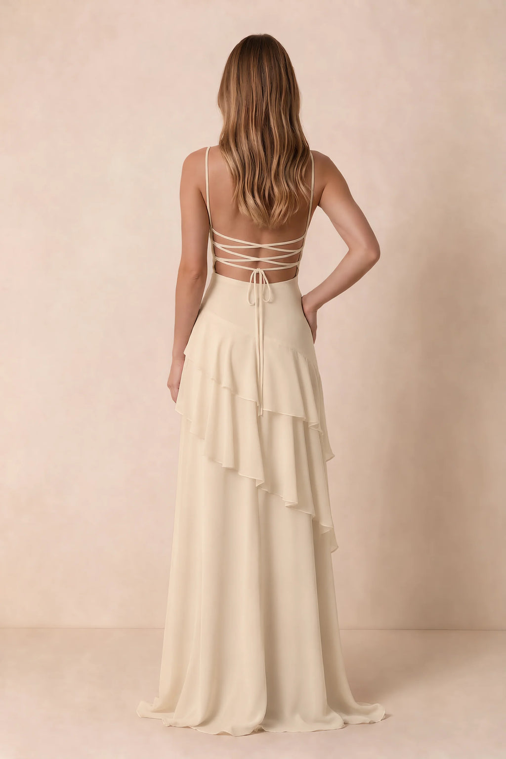 Rosalie Champagne Chiffon Tiered Ruffle Sweetheart Maxi Dress