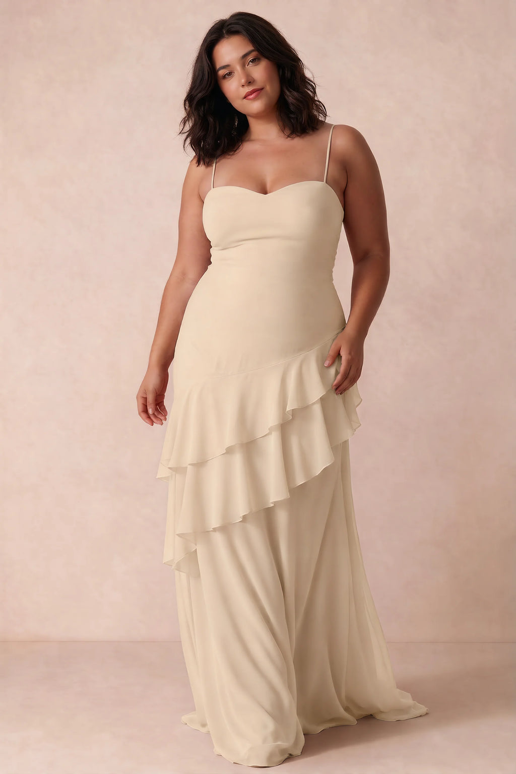 Rosalie Champagne Chiffon Tiered Ruffle Sweetheart Maxi Dress