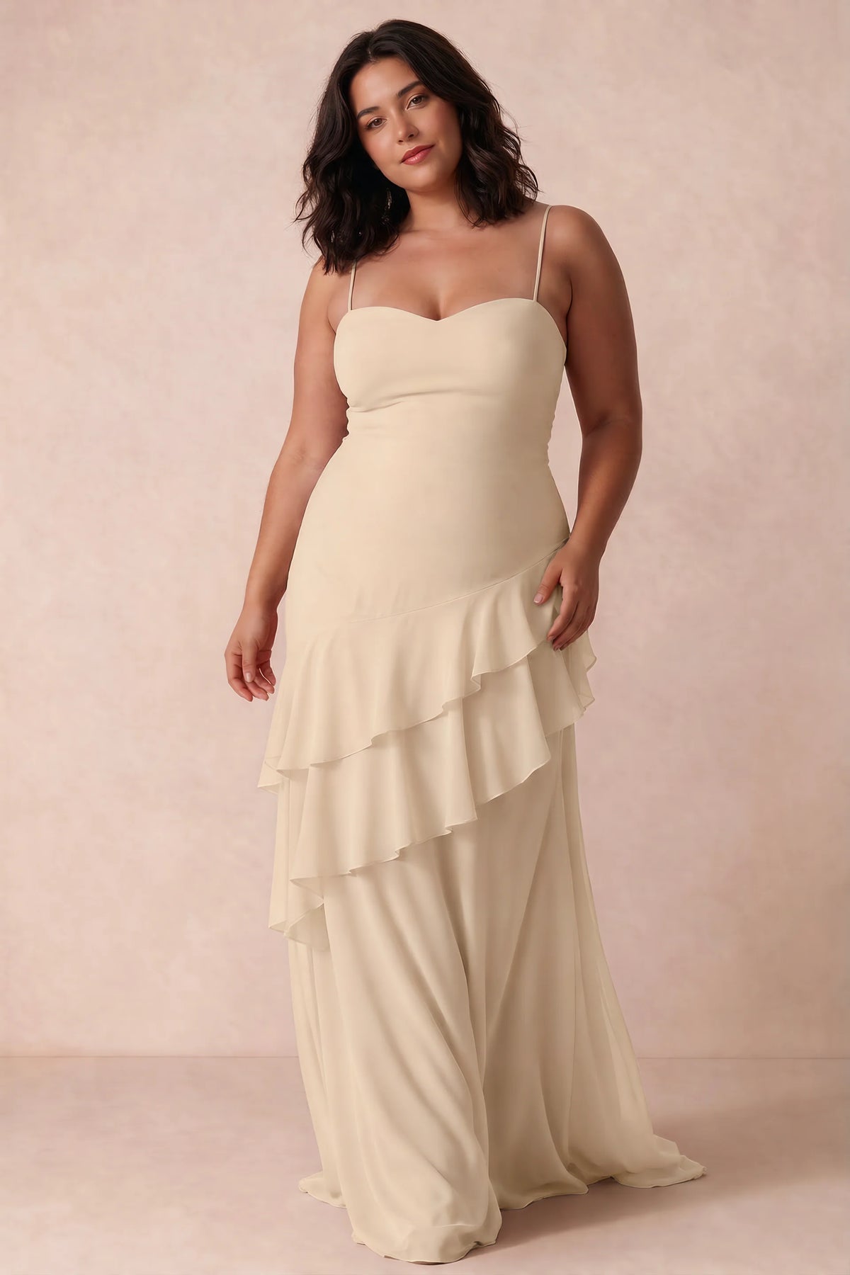 Rosalie Champagne Chiffon Tiered Ruffle Sweetheart Maxi Dress