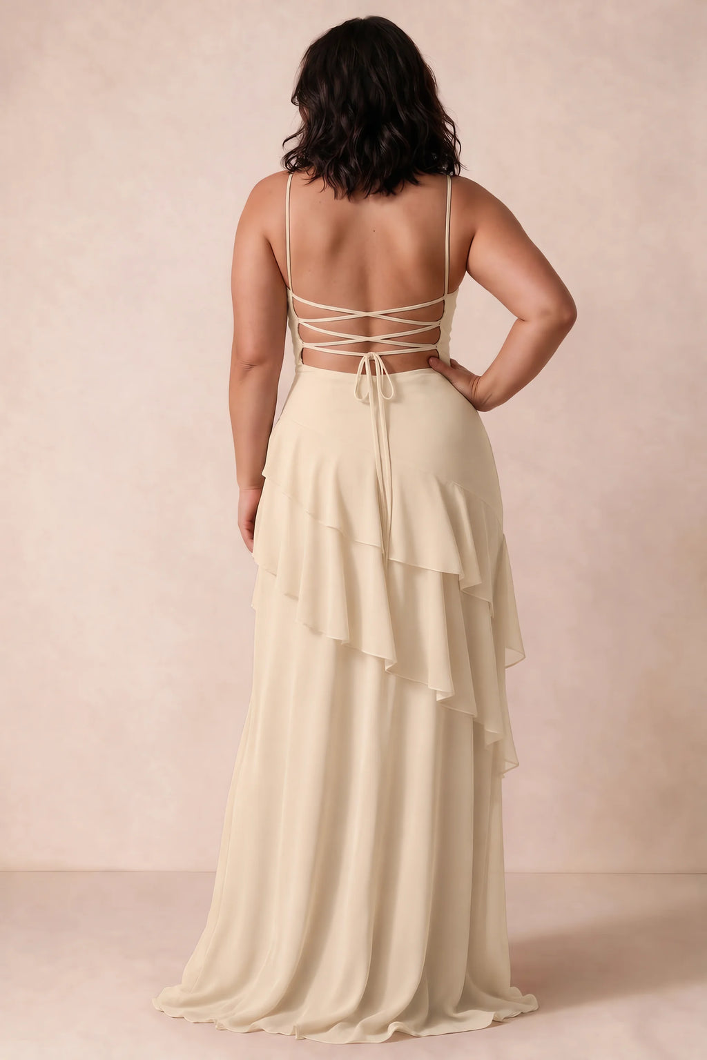 Rosalie Champagne Chiffon Tiered Ruffle Sweetheart Maxi Dress
