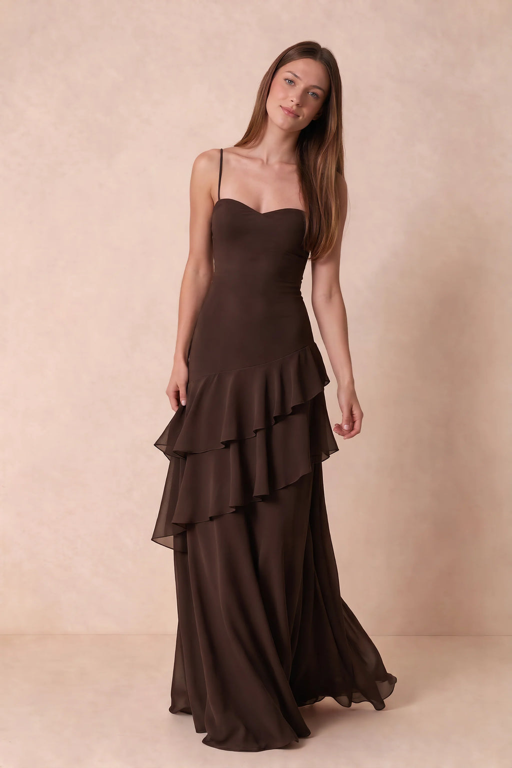 Rosalie Chocolate Brown Chiffon Tiered Ruffle Sweetheart Maxi Dress