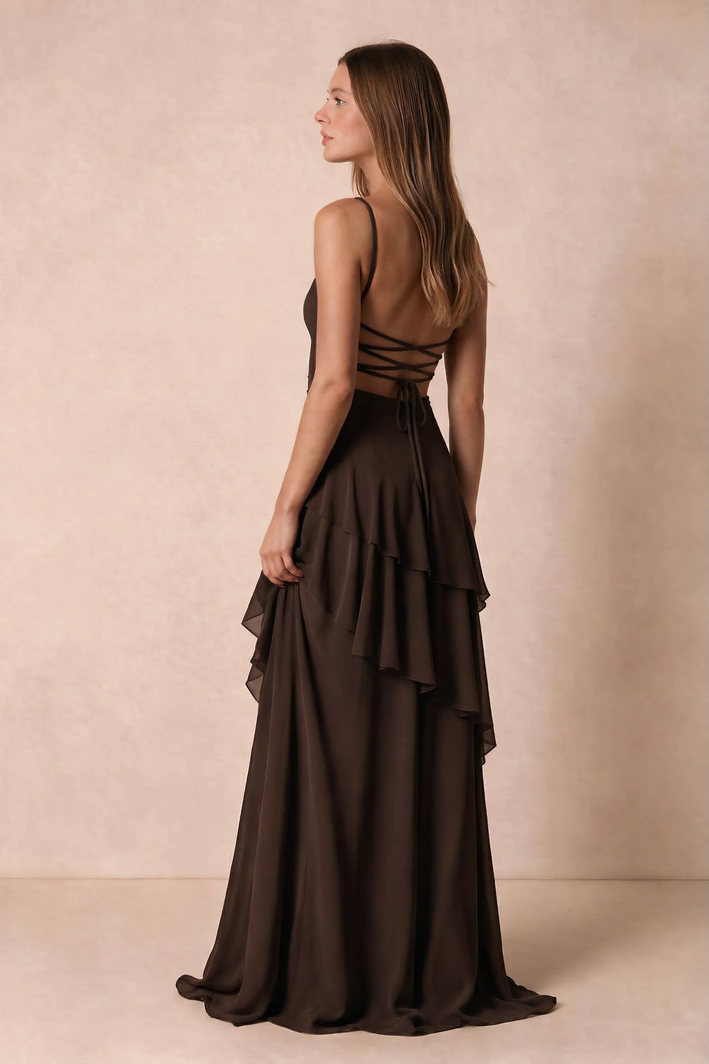 Rosalie Chocolate Brown Chiffon Tiered Ruffle Sweetheart Maxi Dress