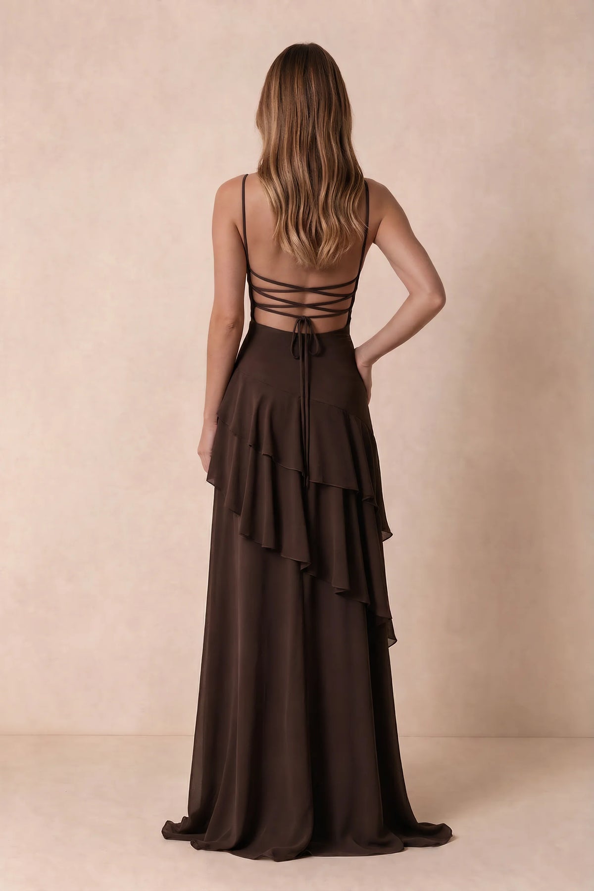 Rosalie Chocolate Brown Chiffon Tiered Ruffle Sweetheart Maxi Dress