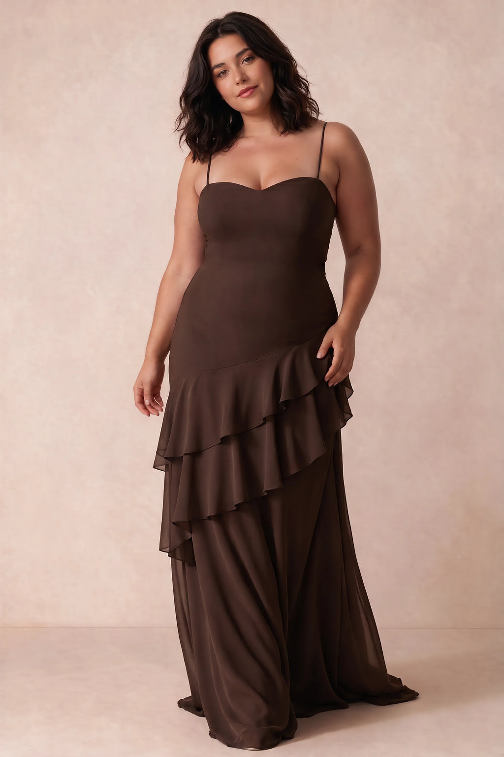 Rosalie Chocolate Brown Chiffon Tiered Ruffle Sweetheart Maxi Dress