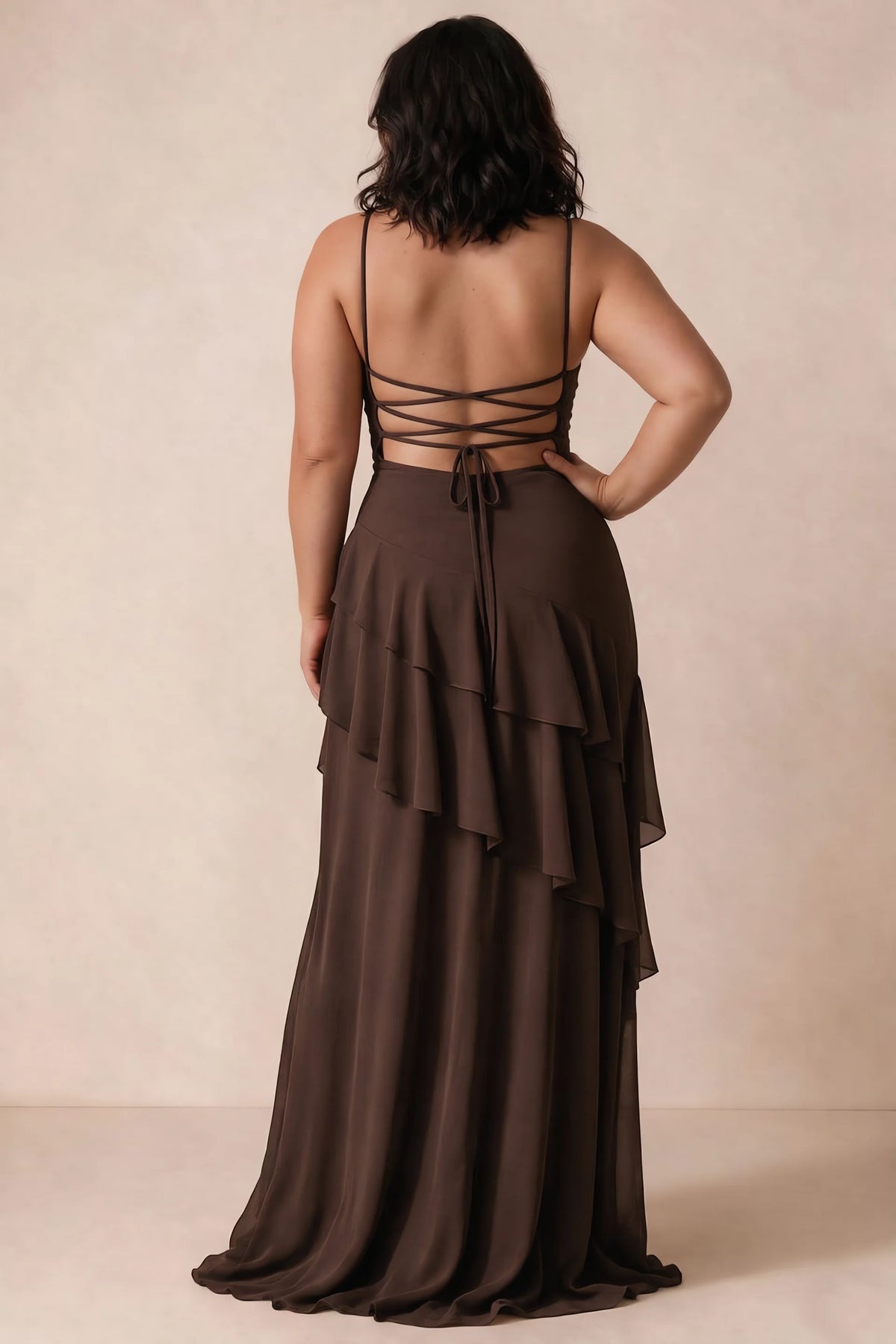 Rosalie Chocolate Brown Chiffon Tiered Ruffle Sweetheart Maxi Dress