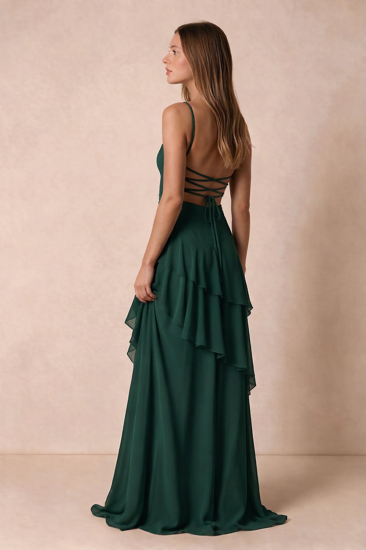 Rosalie Dark Green Chiffon Tiered Ruffle Sweetheart Maxi Dress