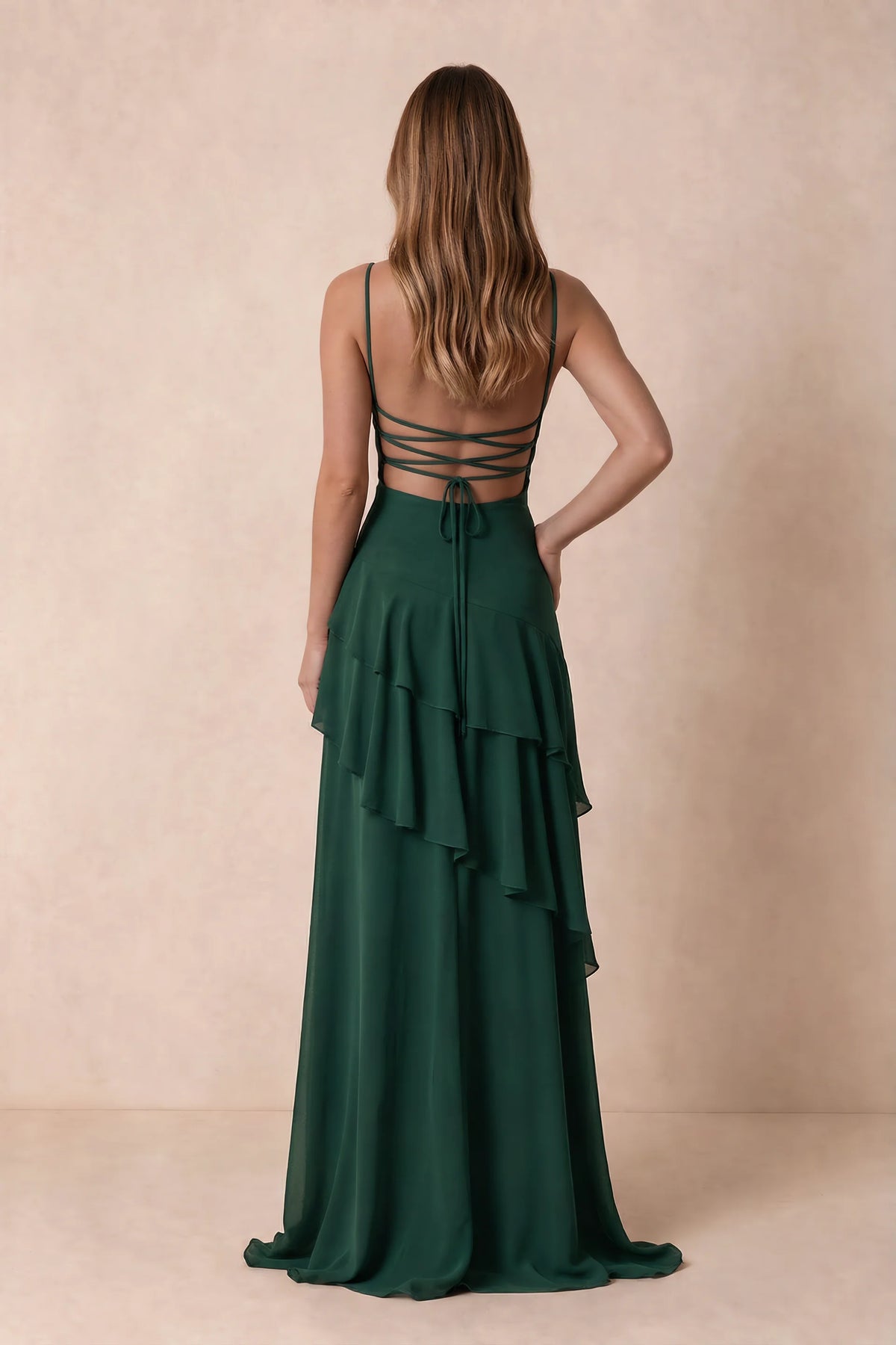 Rosalie Dark Green Chiffon Tiered Ruffle Sweetheart Maxi Dress