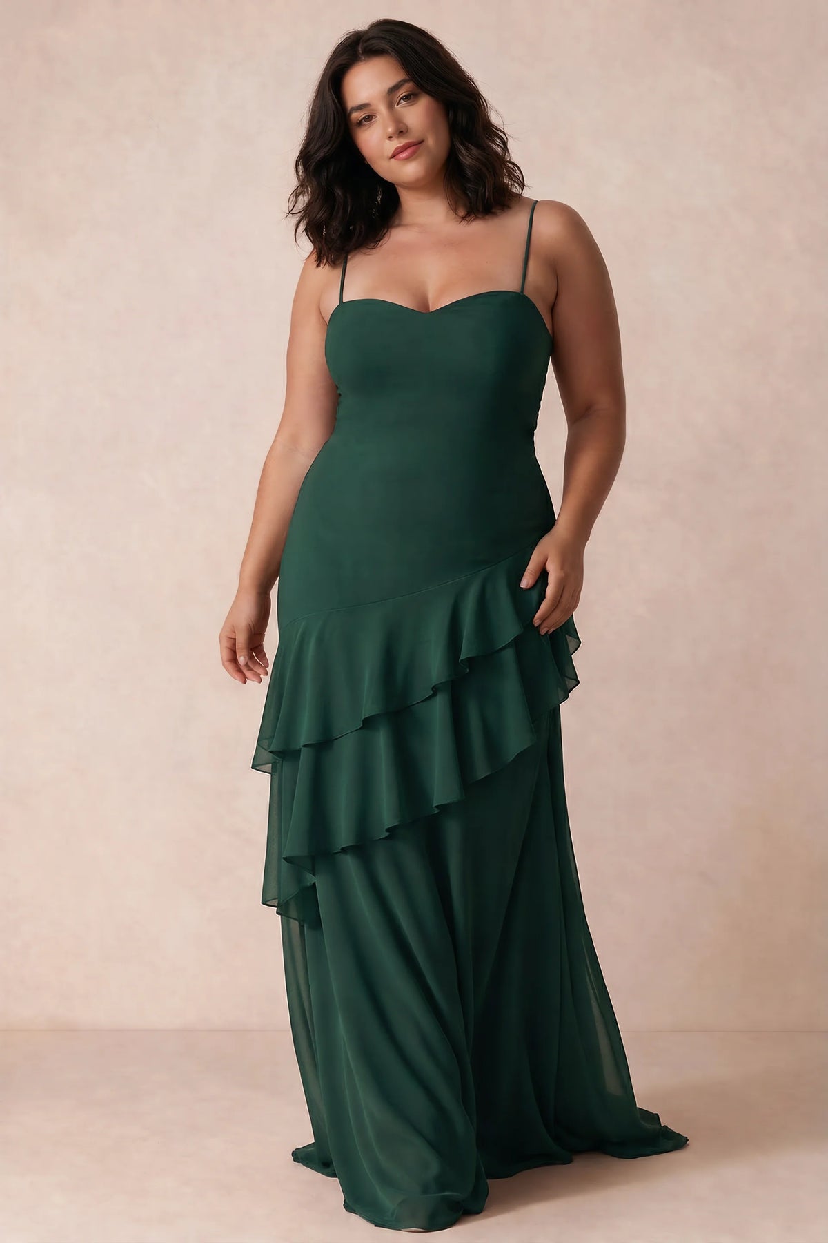 Rosalie Dark Green Chiffon Tiered Ruffle Sweetheart Maxi Dress