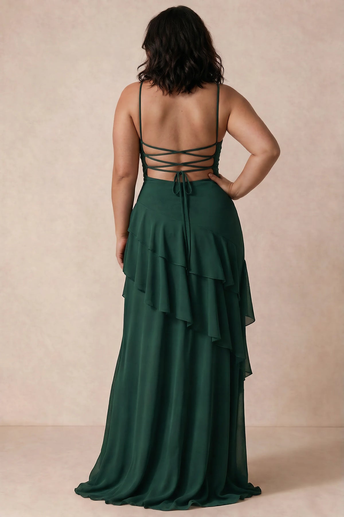 Rosalie Dark Green Chiffon Tiered Ruffle Sweetheart Maxi Dress