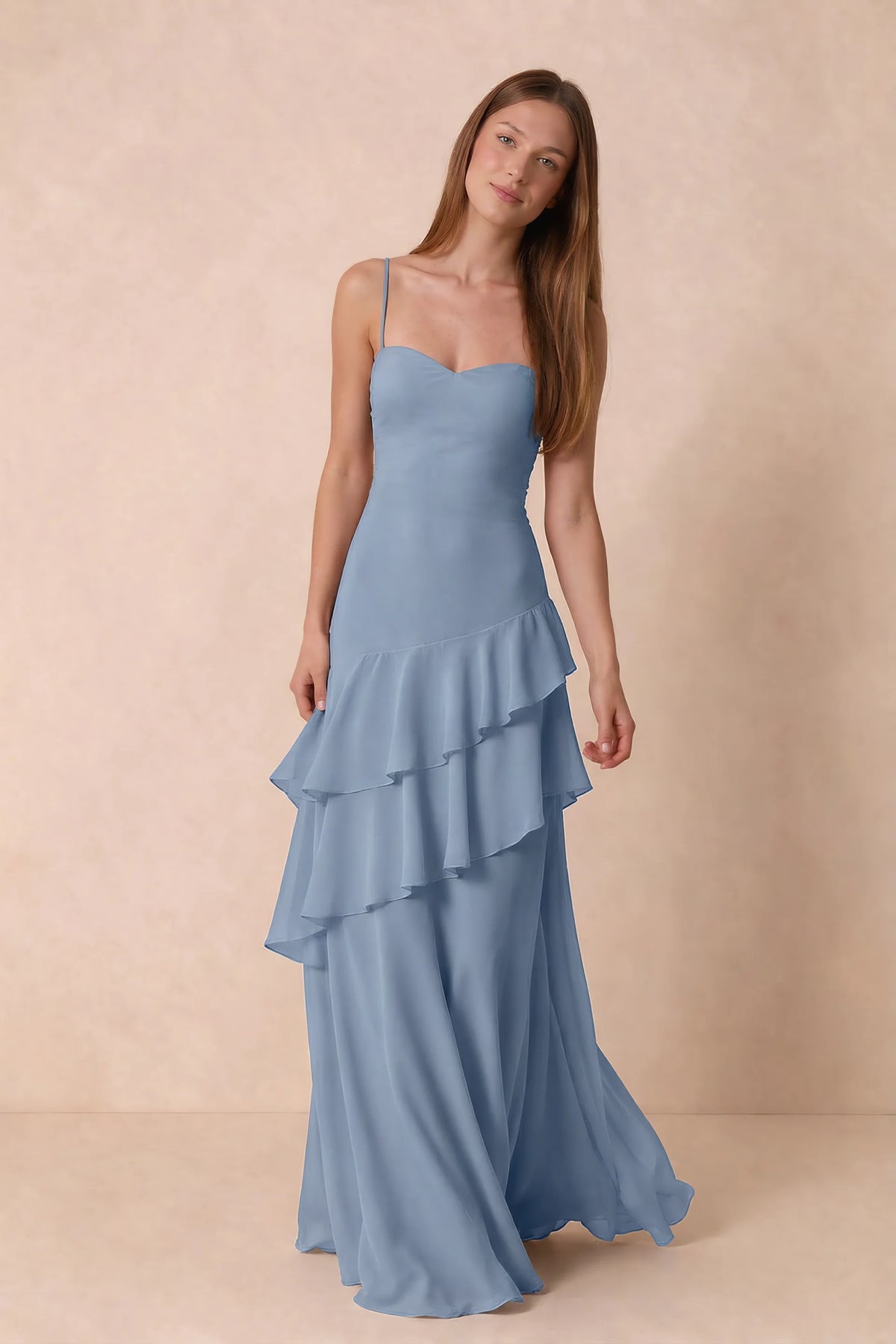 Rosalie Dusty Blue Chiffon Tiered Ruffle Sweetheart Maxi Dress
