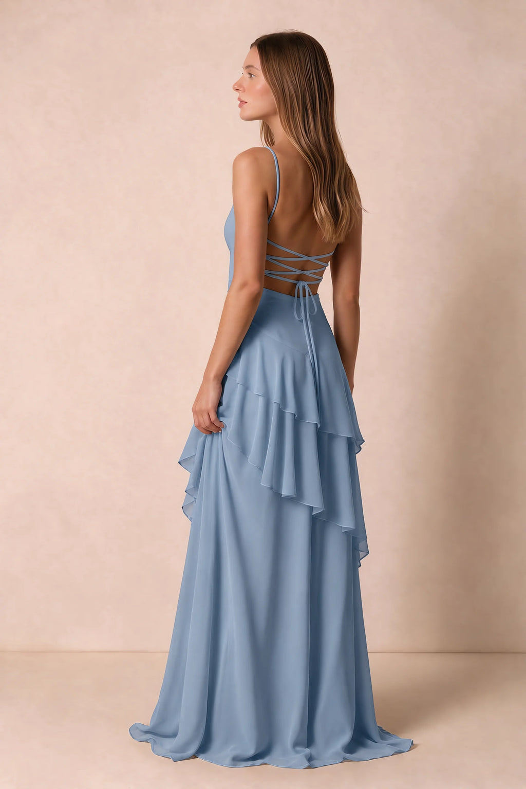 Rosalie Dusty Blue Chiffon Tiered Ruffle Sweetheart Maxi Dress