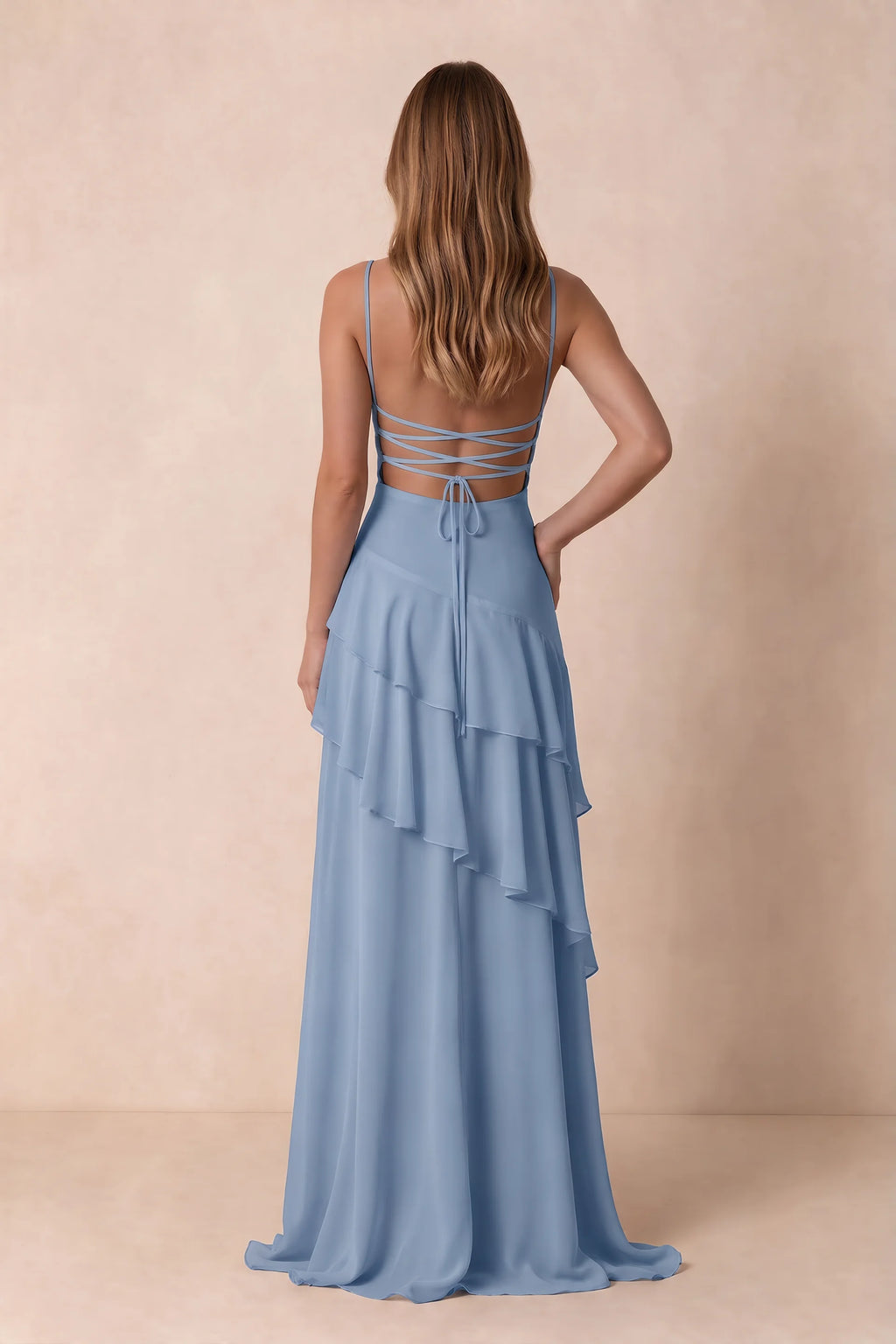 Rosalie Dusty Blue Chiffon Tiered Ruffle Sweetheart Maxi Dress