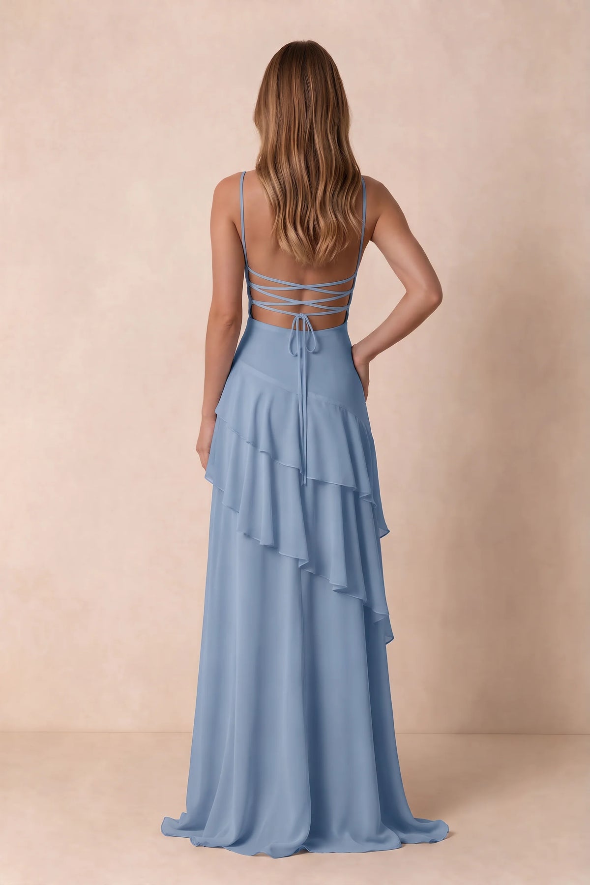 Rosalie Dusty Blue Chiffon Tiered Ruffle Sweetheart Maxi Dress