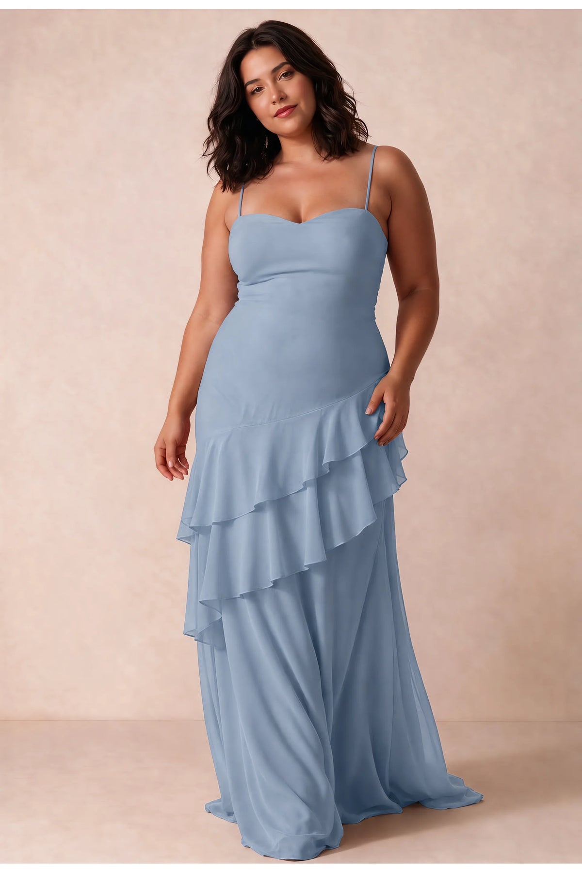 Rosalie Dusty Blue Chiffon Tiered Ruffle Sweetheart Maxi Dress