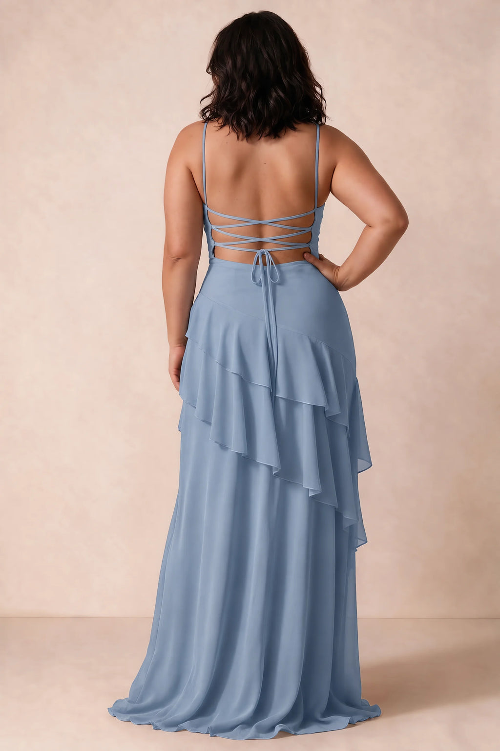 Rosalie Dusty Blue Chiffon Tiered Ruffle Sweetheart Maxi Dress