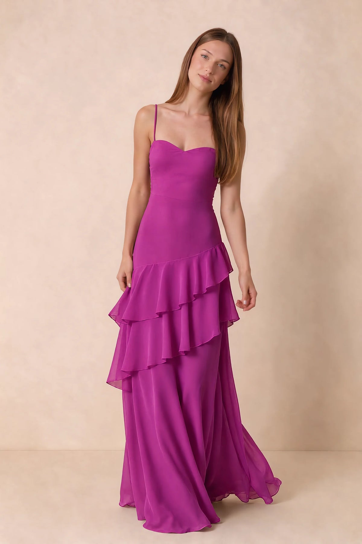 Rosalie Fuchsia Chiffon Tiered Ruffle Sweetheart Maxi Dress