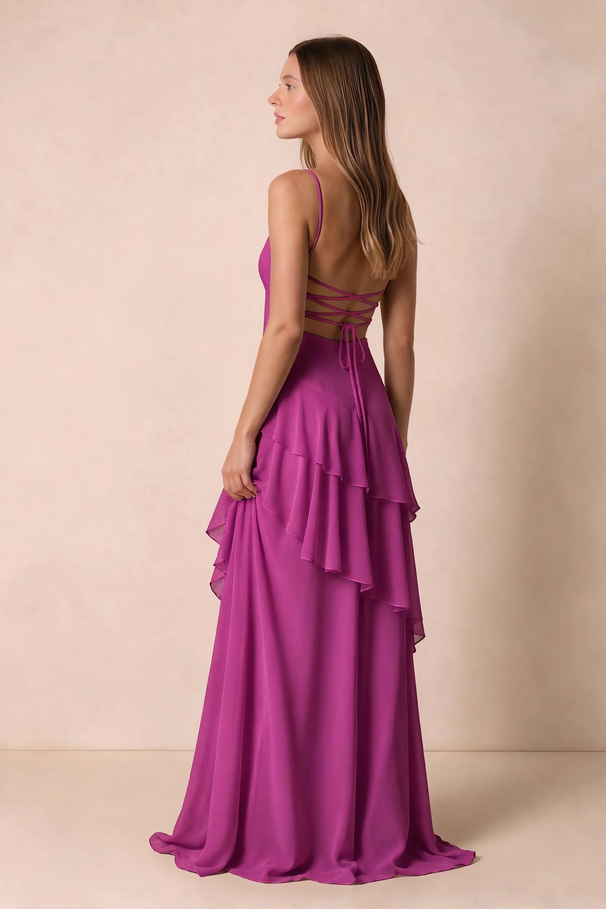 Rosalie Fuchsia Chiffon Tiered Ruffle Sweetheart Maxi Dress