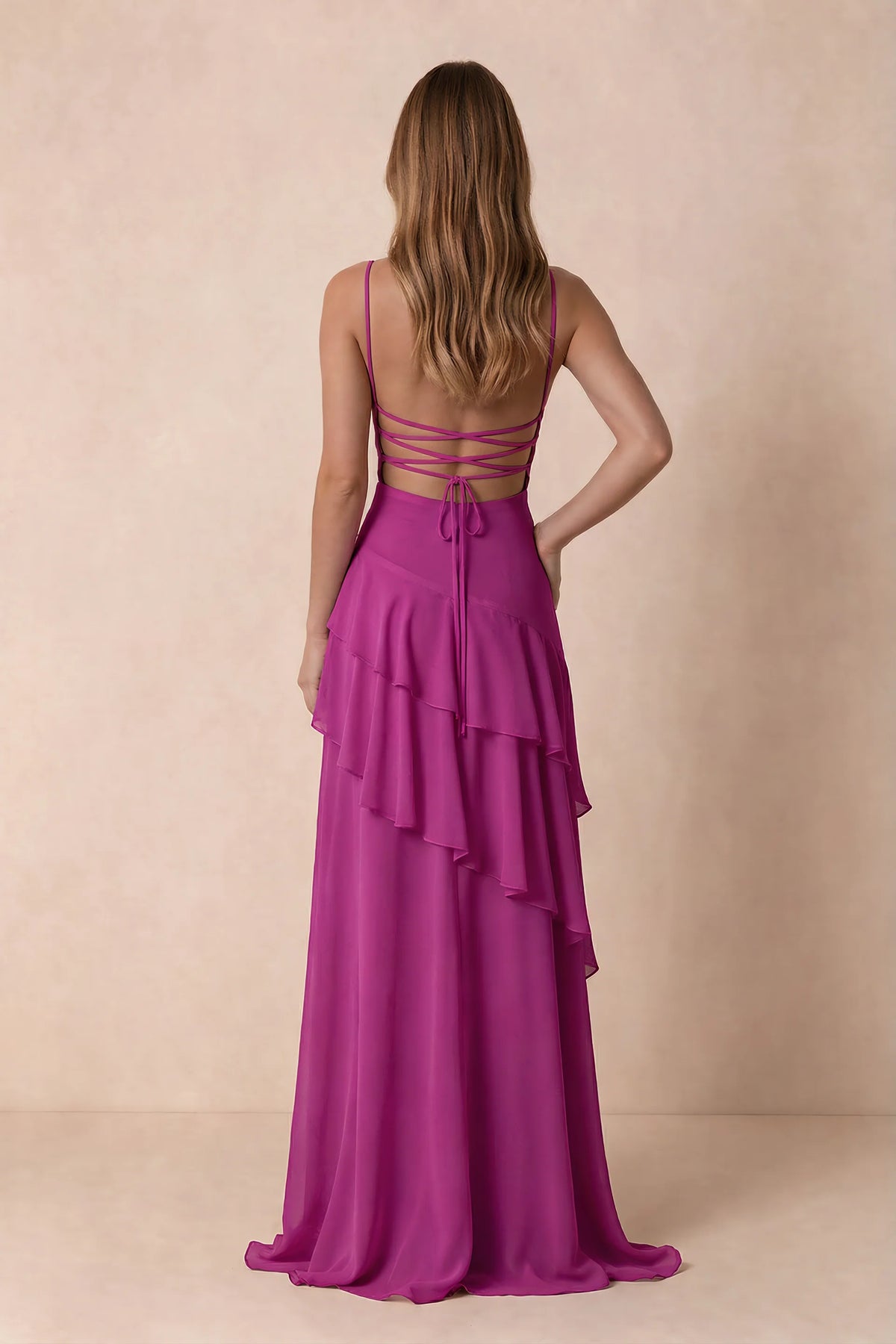 Rosalie Fuchsia Chiffon Tiered Ruffle Sweetheart Maxi Dress
