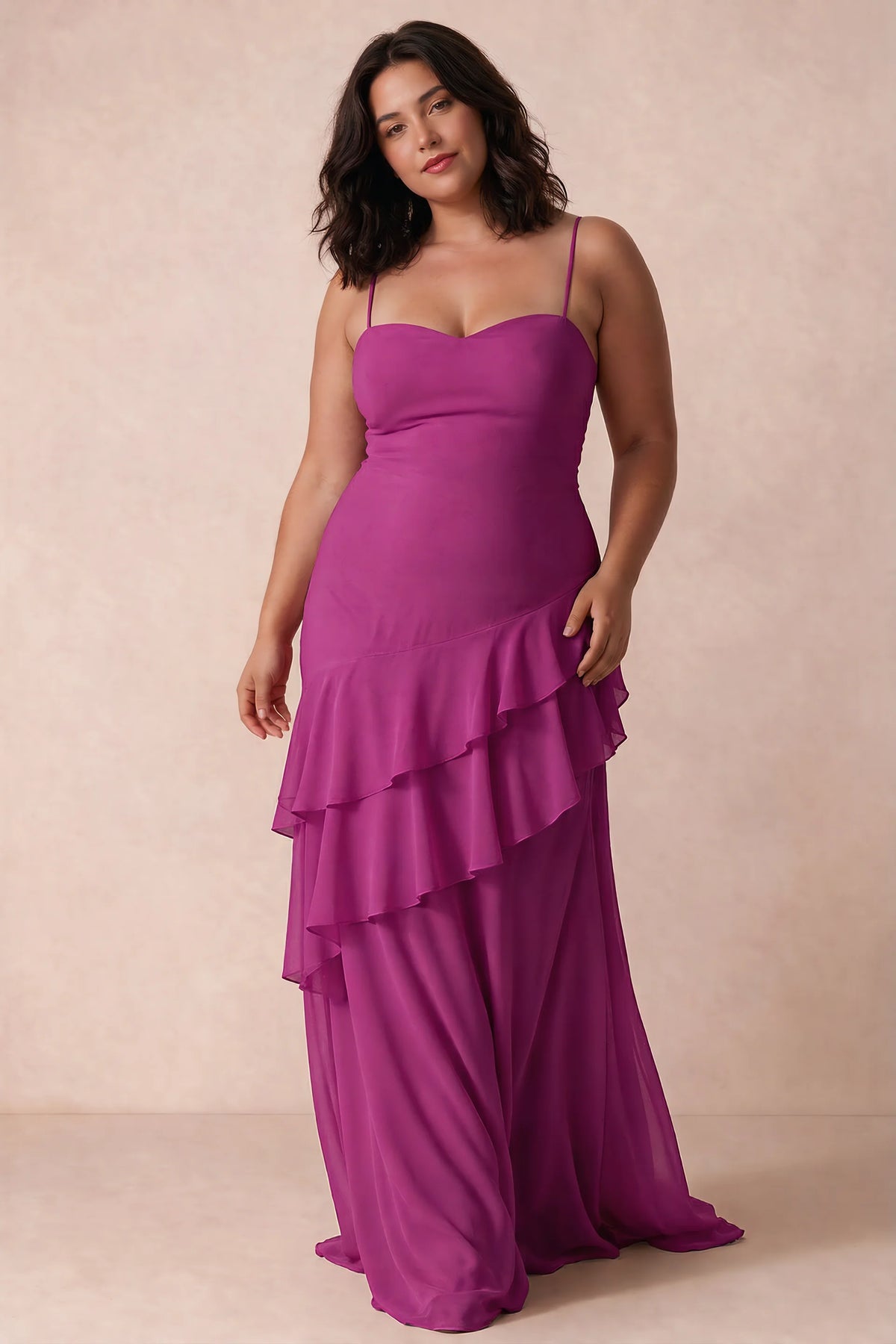 Rosalie Fuchsia Chiffon Tiered Ruffle Sweetheart Maxi Dress
