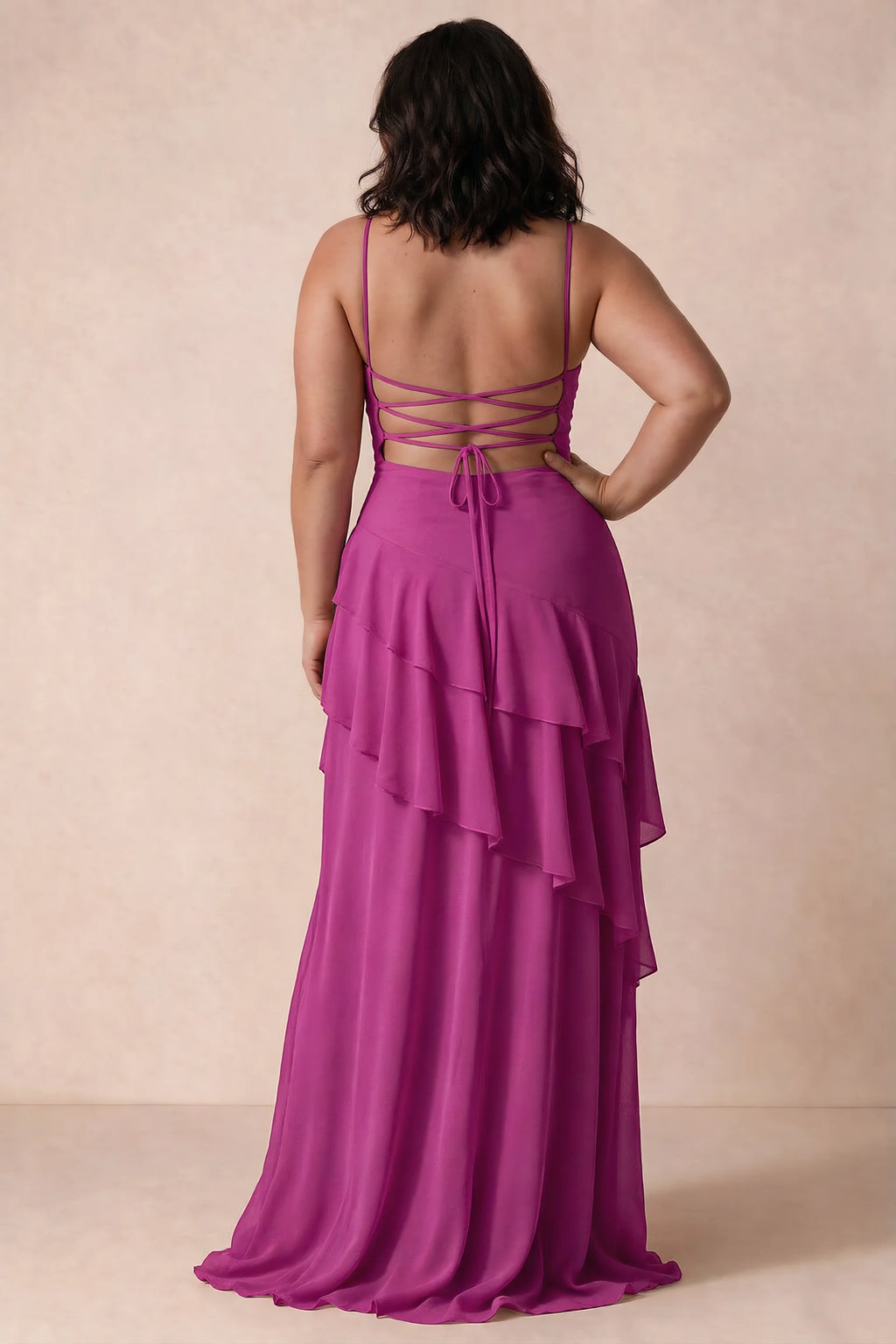 Rosalie Fuchsia Chiffon Tiered Ruffle Sweetheart Maxi Dress
