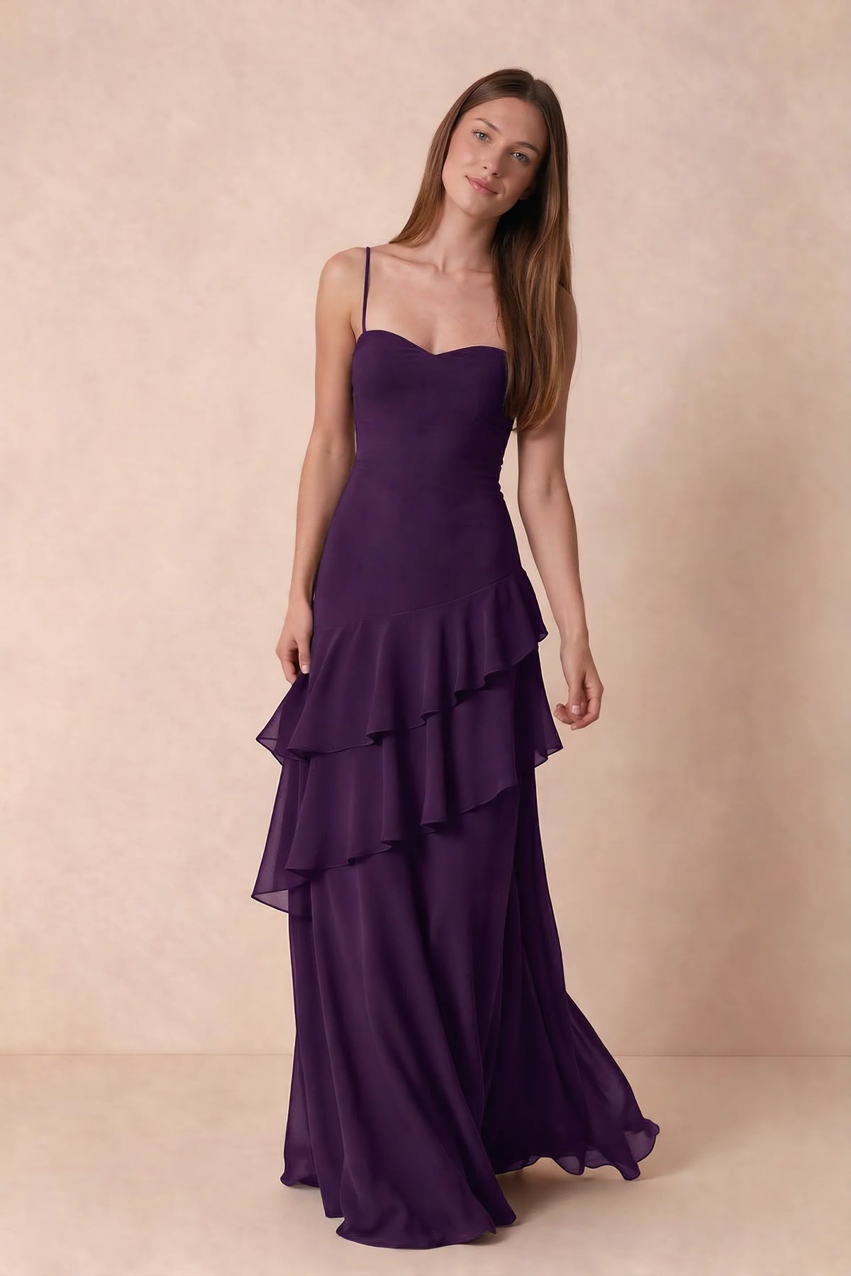 Rosalie Grape Chiffon Tiered Ruffle Sweetheart Maxi Dress