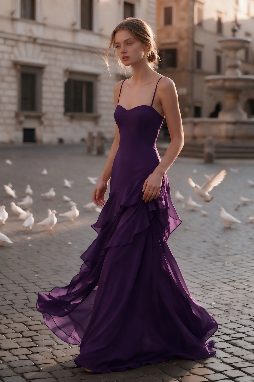 Rosalie Grape Chiffon Tiered Ruffle Sweetheart Maxi Dress