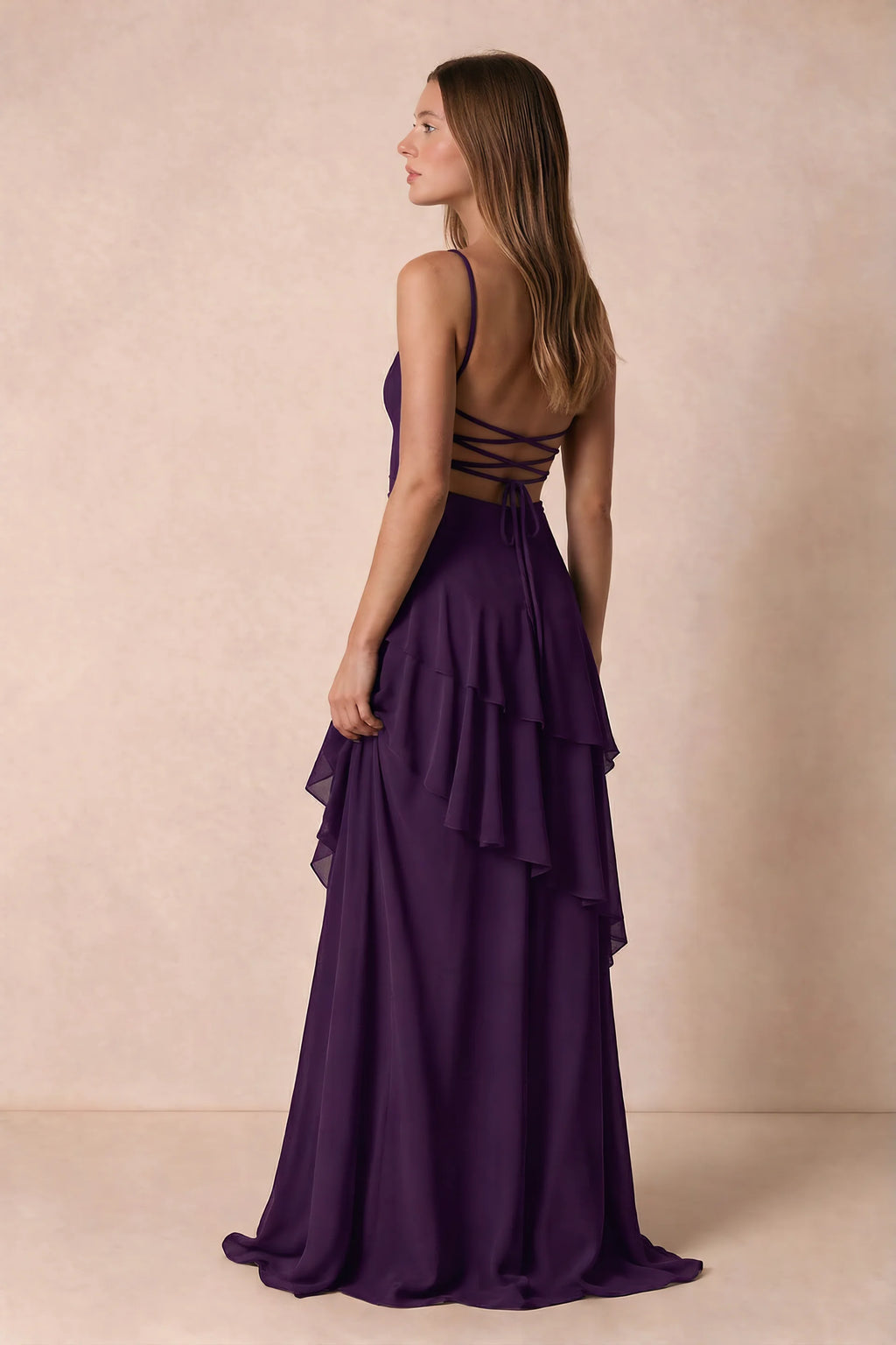 Rosalie Grape Chiffon Tiered Ruffle Sweetheart Maxi Dress