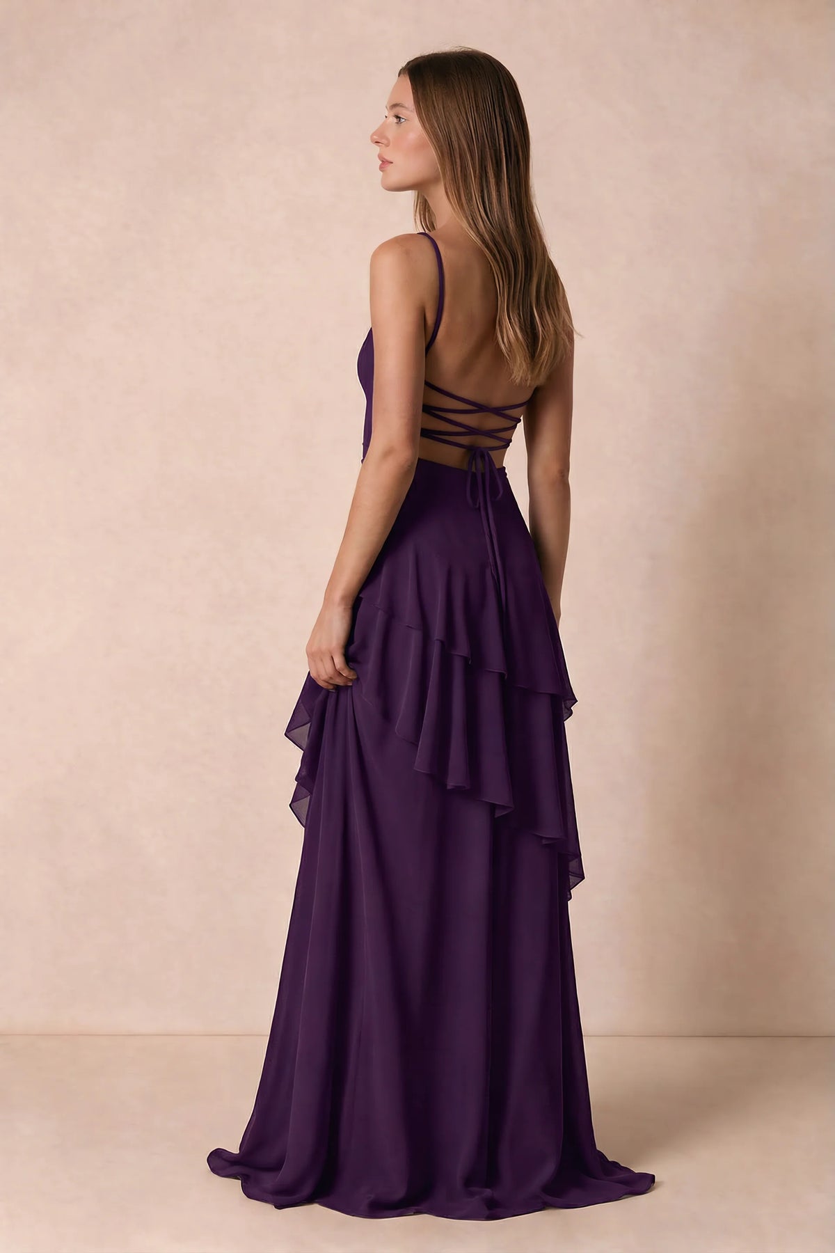Rosalie Grape Chiffon Tiered Ruffle Sweetheart Maxi Dress