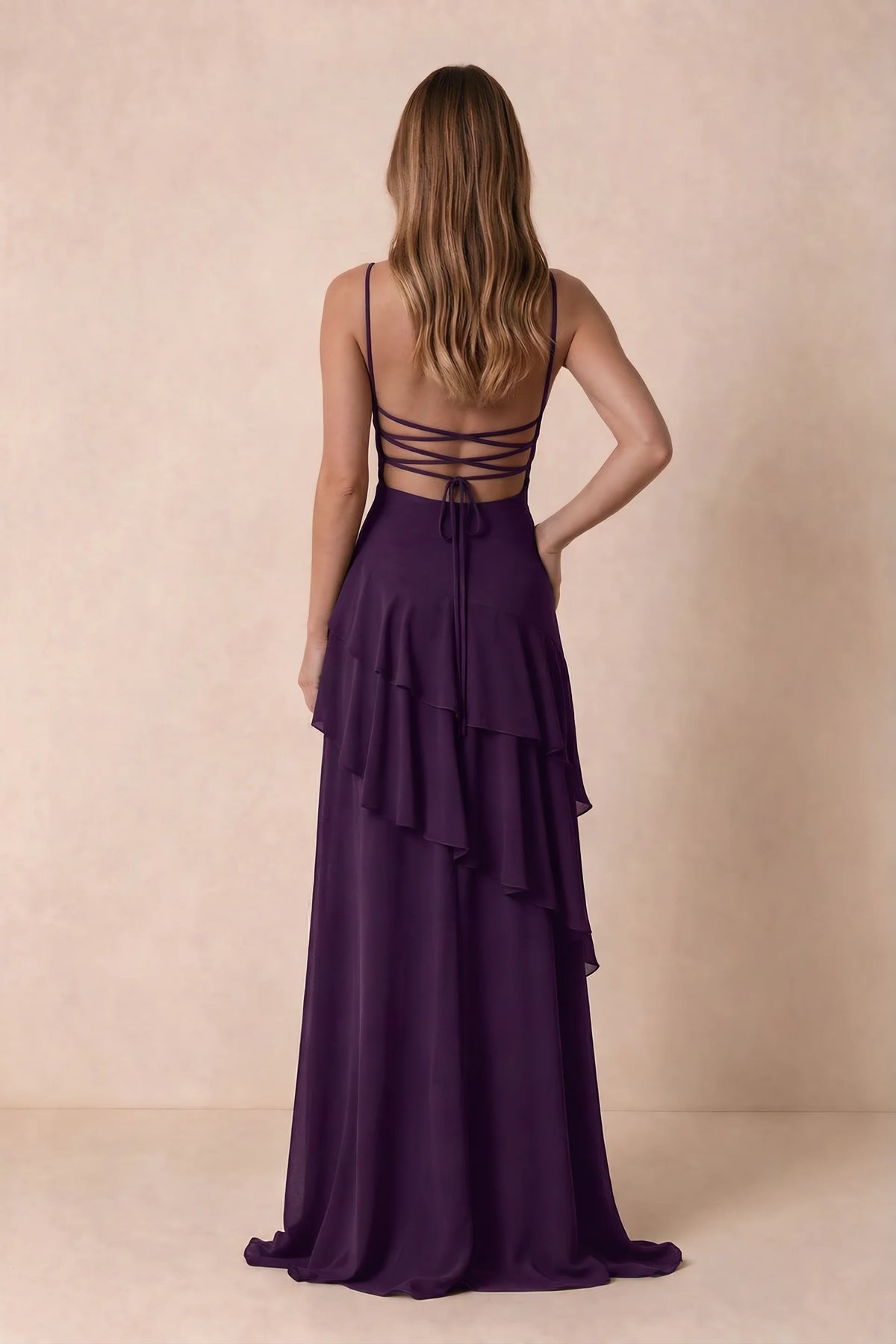 Rosalie Grape Chiffon Tiered Ruffle Sweetheart Maxi Dress