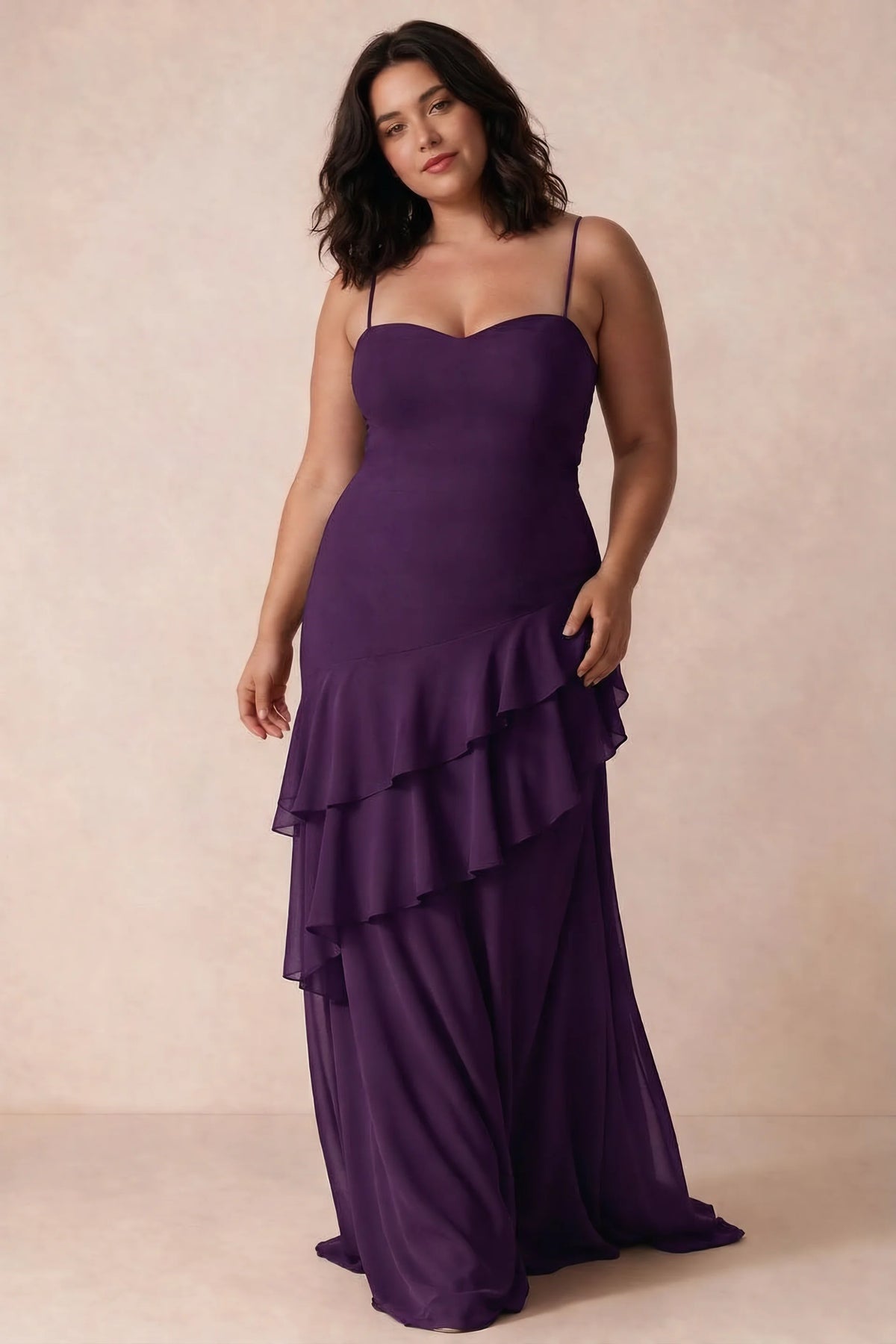 Rosalie Grape Chiffon Tiered Ruffle Sweetheart Maxi Dress