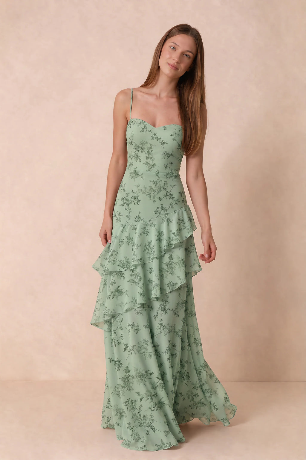 Rosalie Green Fern Floral Chiffon Tiered Ruffle Sweetheart Maxi Dress