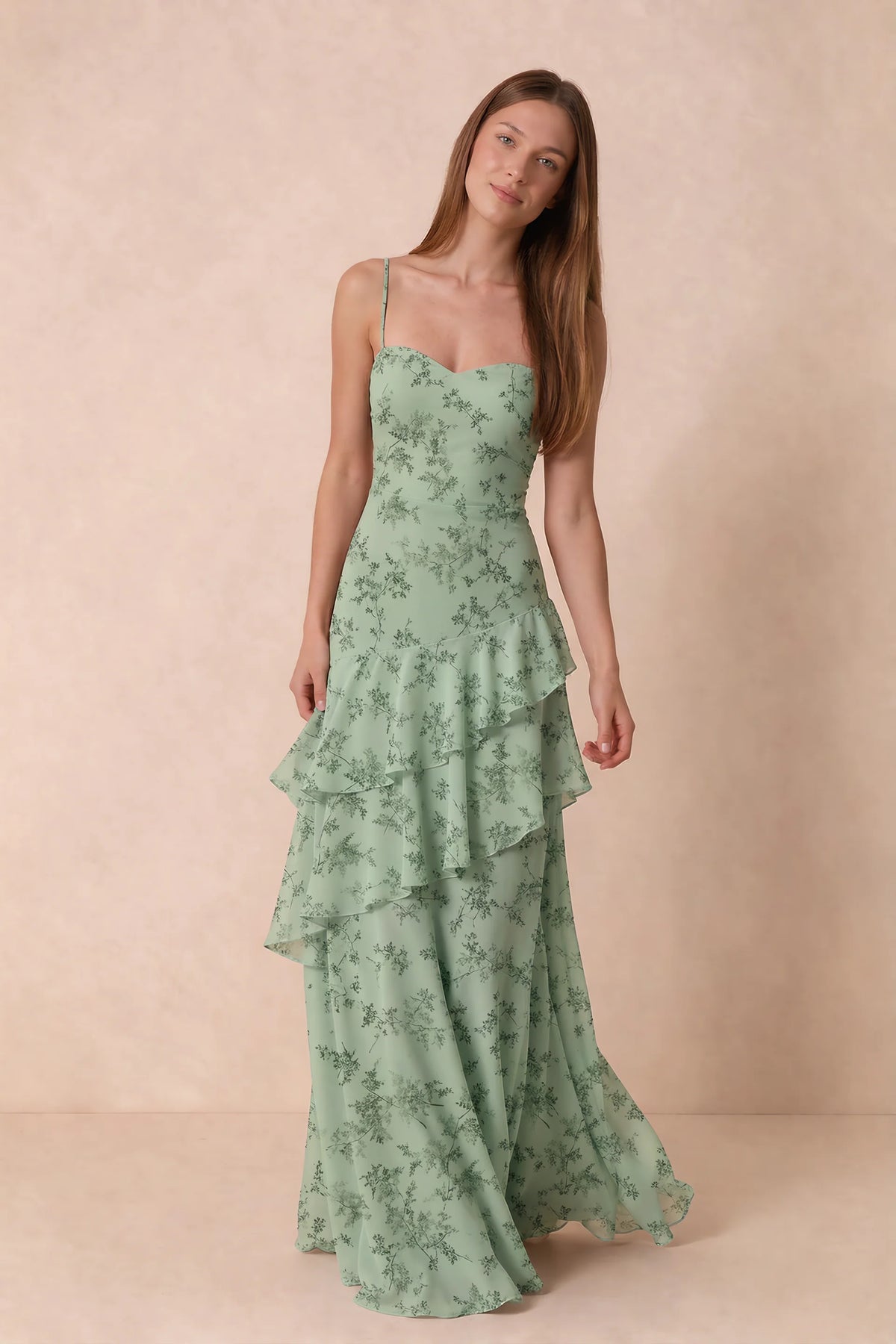 Rosalie Green Fern Floral Chiffon Tiered Ruffle Sweetheart Maxi Dress