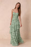 Rosalie Green Fern Floral Chiffon Tiered Ruffle Sweetheart Maxi Dress