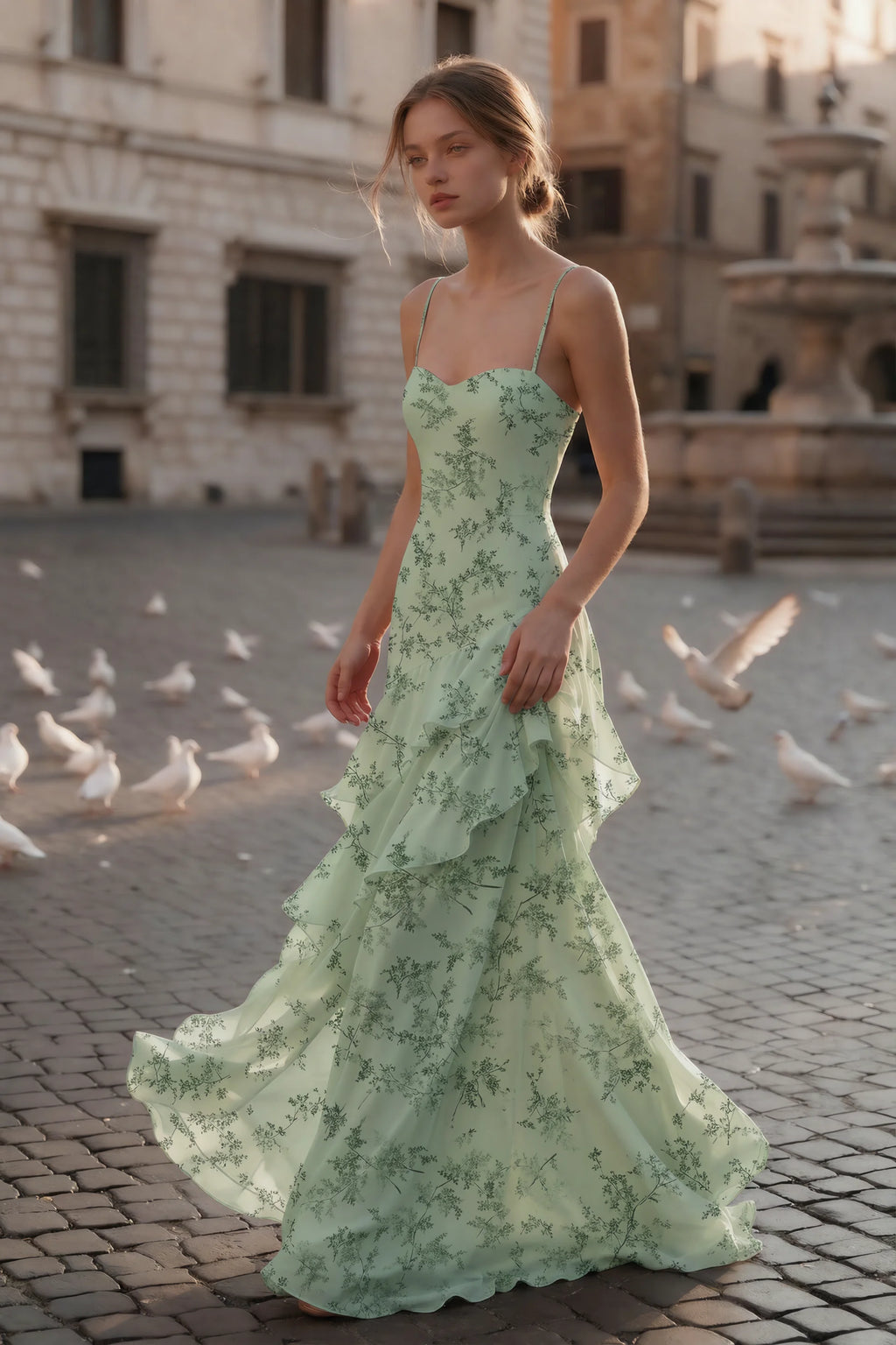 Rosalie Green Fern Floral Chiffon Tiered Ruffle Sweetheart Maxi Dress