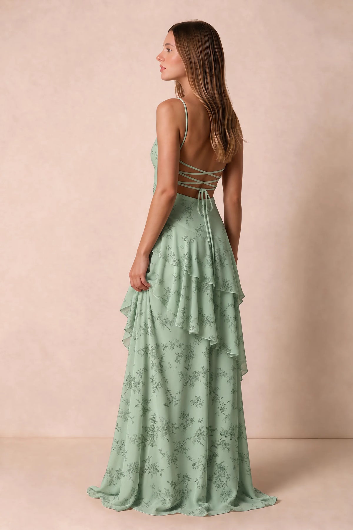 Rosalie Green Fern Floral Chiffon Tiered Ruffle Sweetheart Maxi Dress