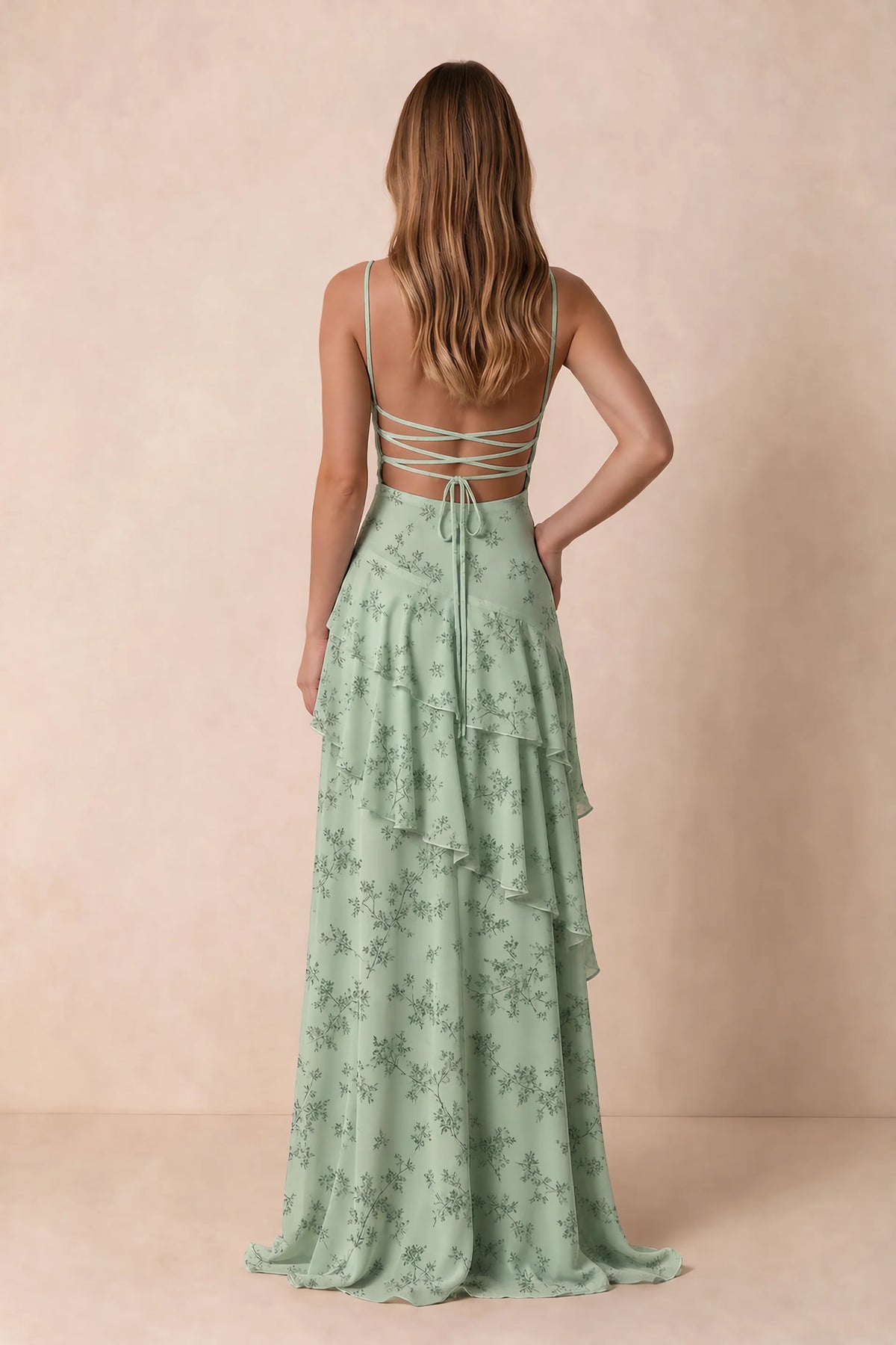 Rosalie Green Fern Floral Chiffon Tiered Ruffle Sweetheart Maxi Dress