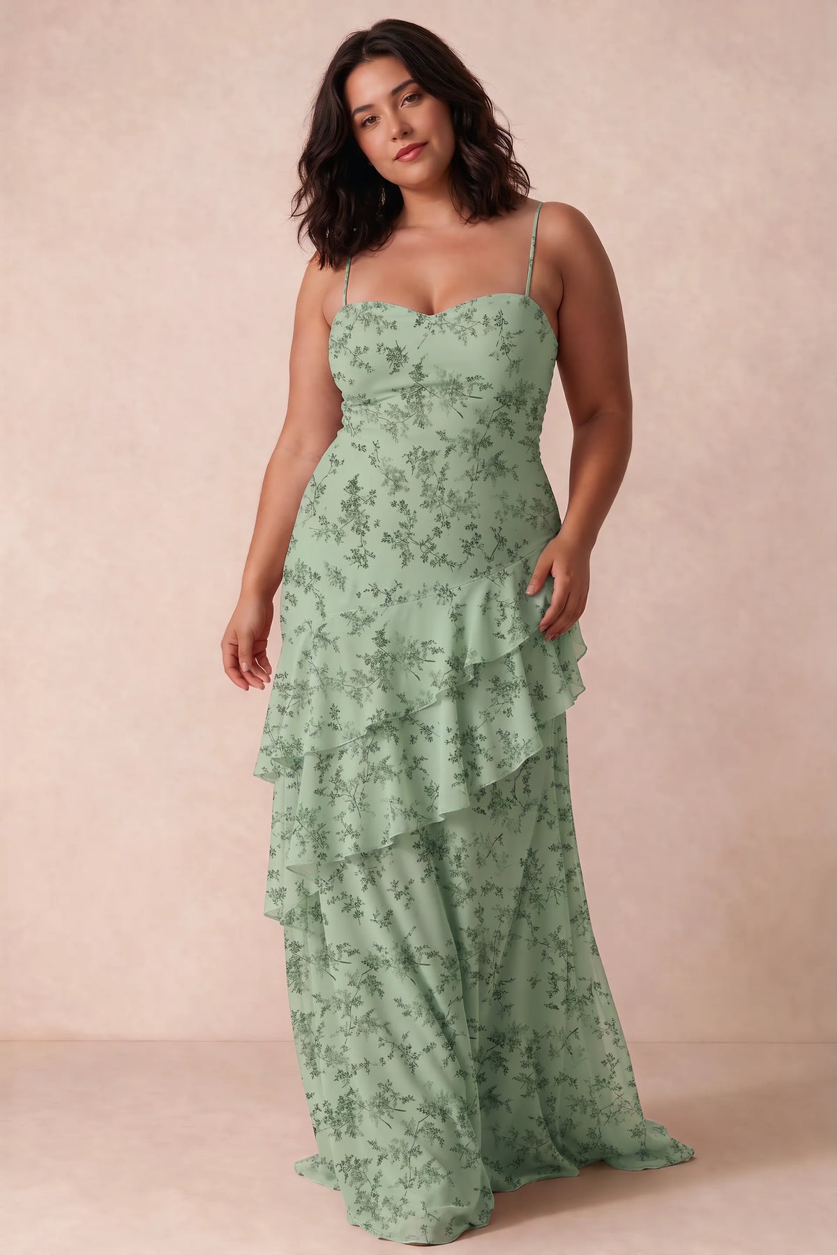 Rosalie Green Fern Floral Chiffon Tiered Ruffle Sweetheart Maxi Dress