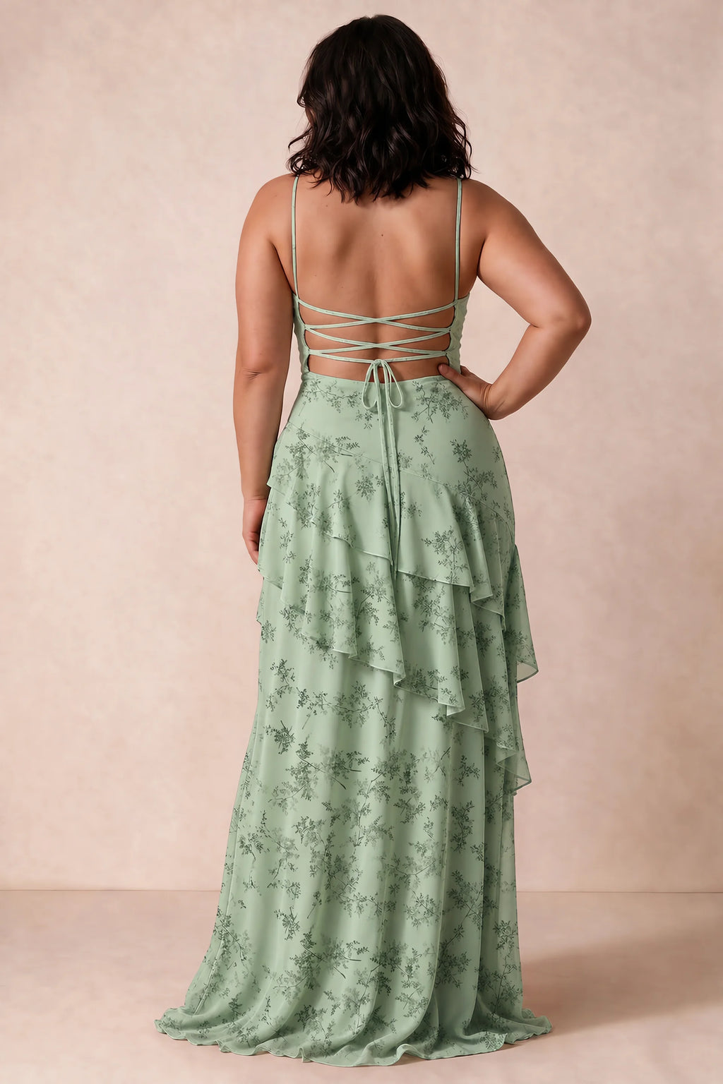 Rosalie Green Fern Floral Chiffon Tiered Ruffle Sweetheart Maxi Dress