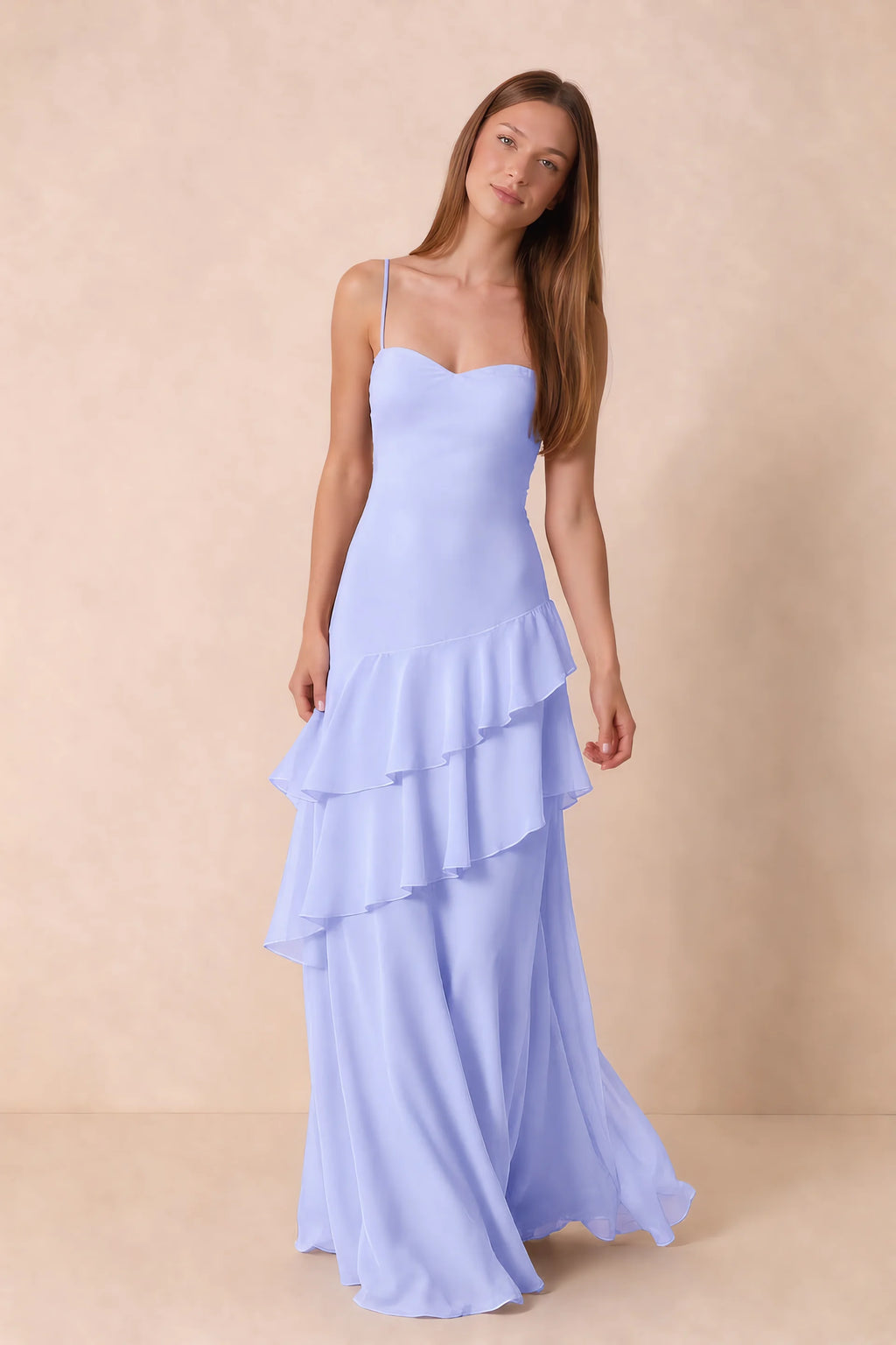 Rosalie Lavender Chiffon Tiered Ruffle Sweetheart Maxi Dress