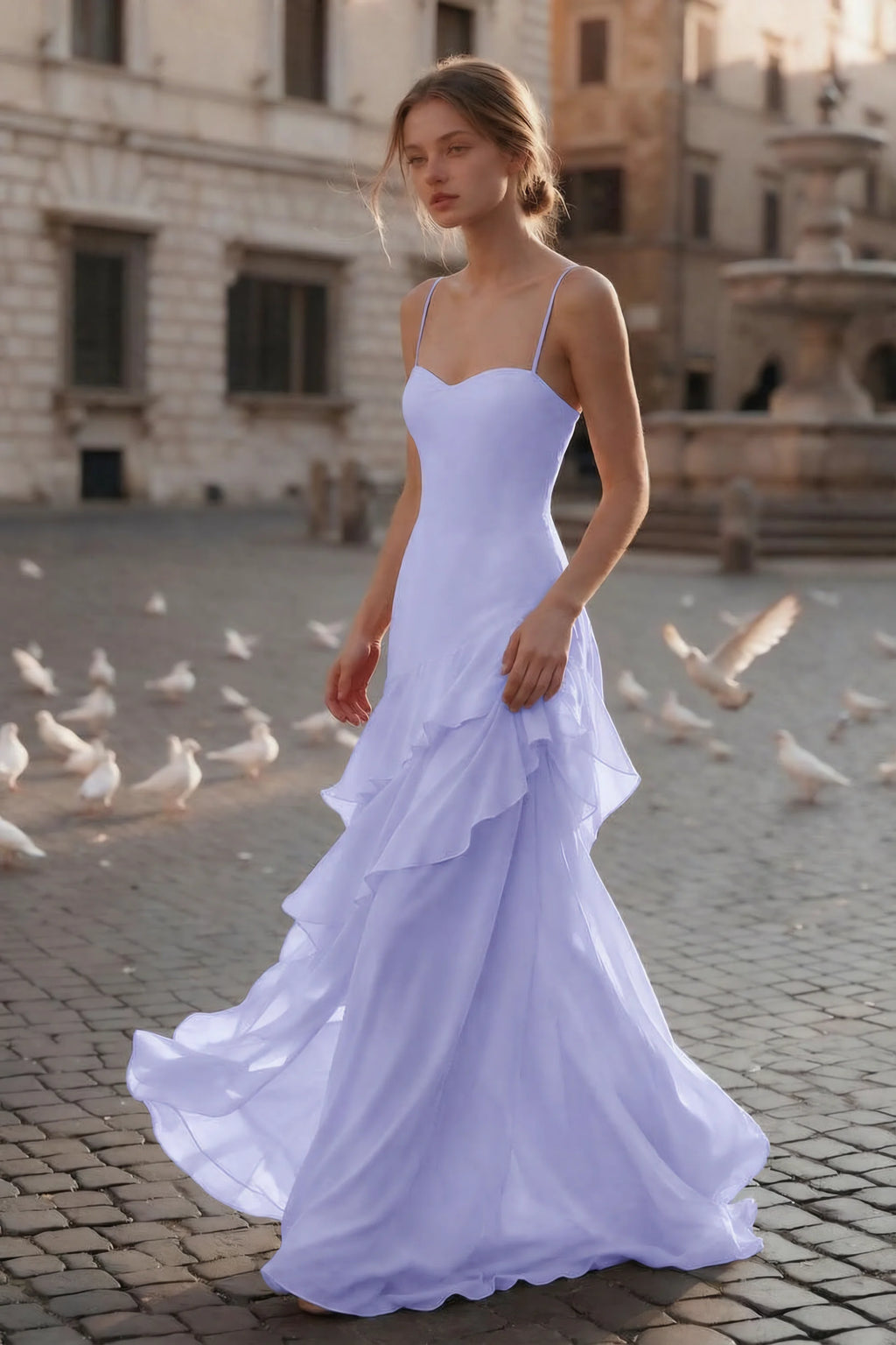 Rosalie Lavender Chiffon Tiered Ruffle Sweetheart Maxi Dress