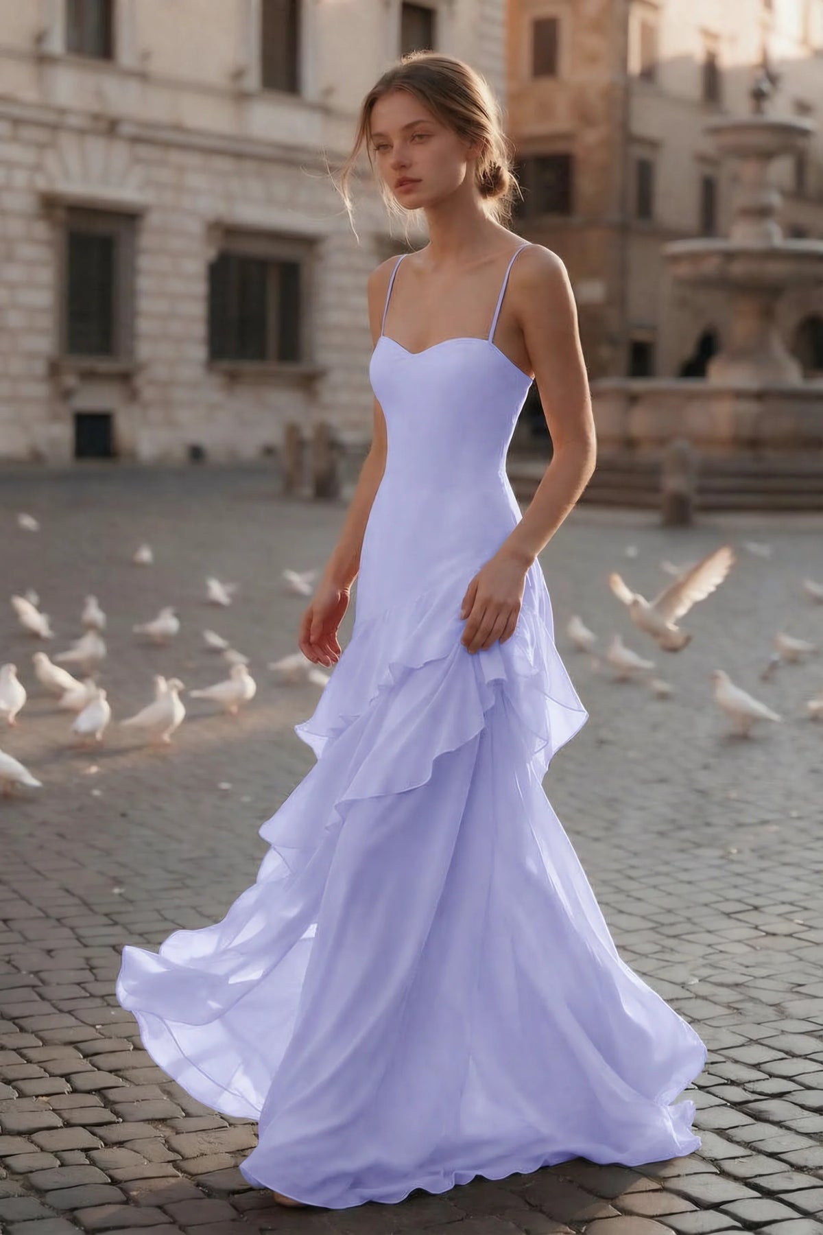 Rosalie Lavender Chiffon Tiered Ruffle Sweetheart Maxi Dress