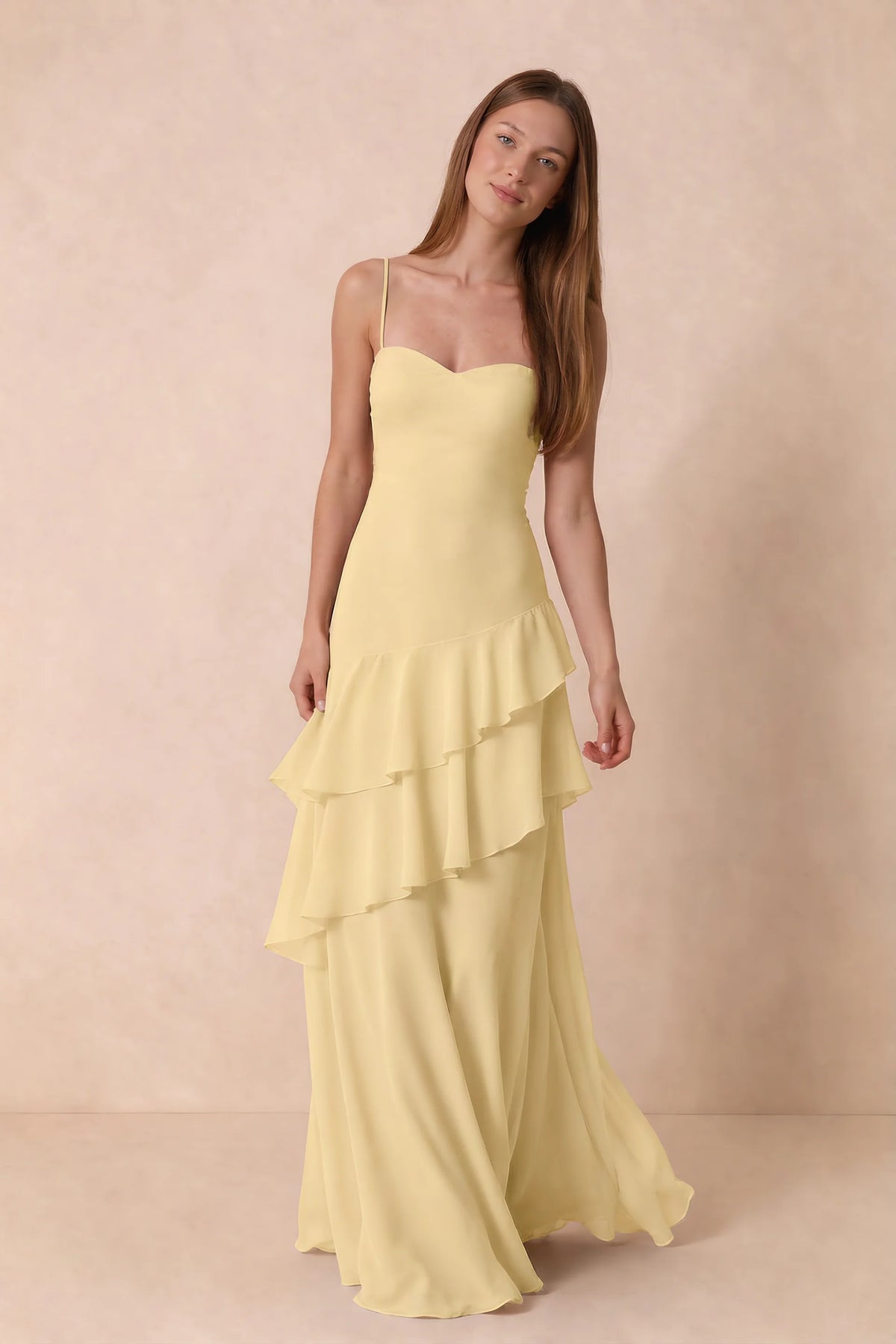 Rosalie Lemon Chiffon Tiered Ruffle Sweetheart Maxi Dress