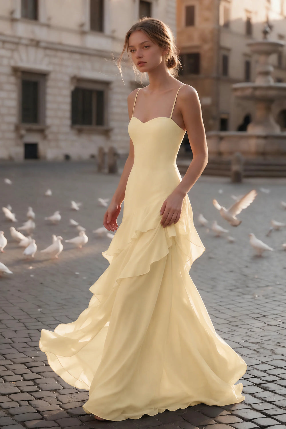 Translation missing: en.Outdoor front view beside a fountain of Rosalie lemon tiered ruffle maxi dress with a long flowing skirt content.product_image_secondary