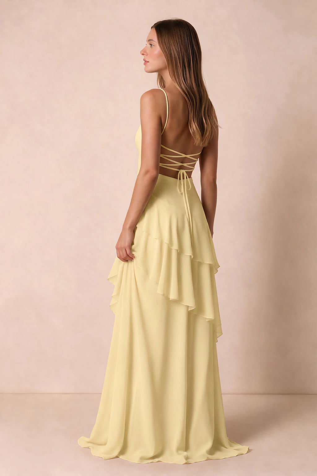 Rosalie Lemon Chiffon Tiered Ruffle Sweetheart Maxi Dress