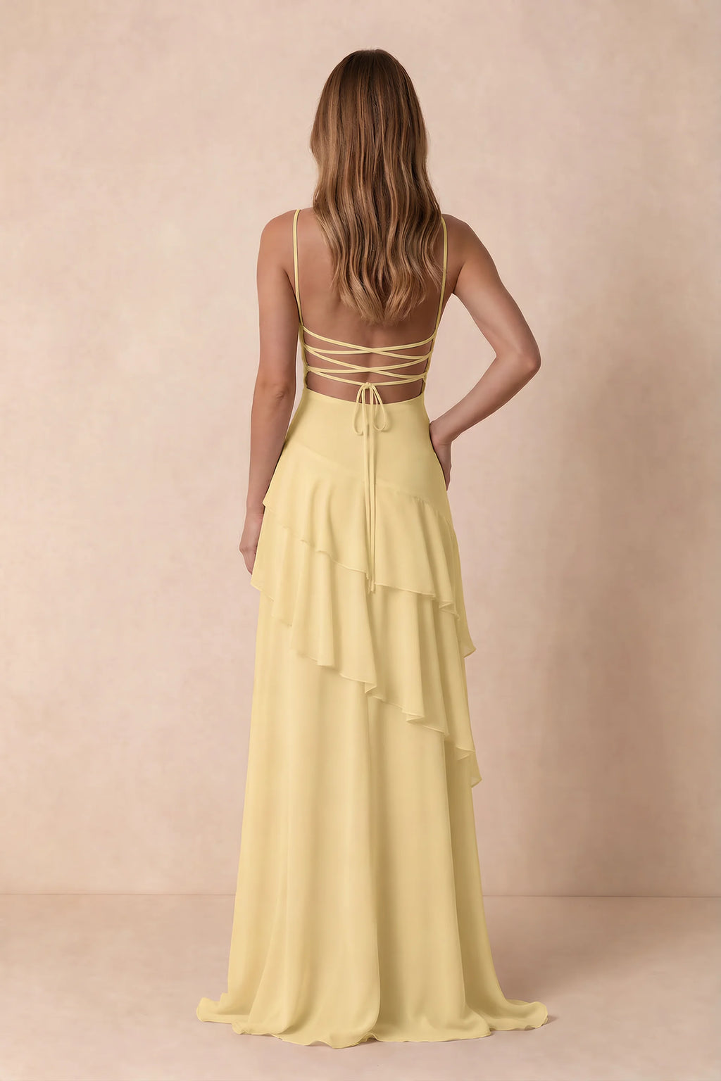 Rosalie Lemon Chiffon Tiered Ruffle Sweetheart Maxi Dress