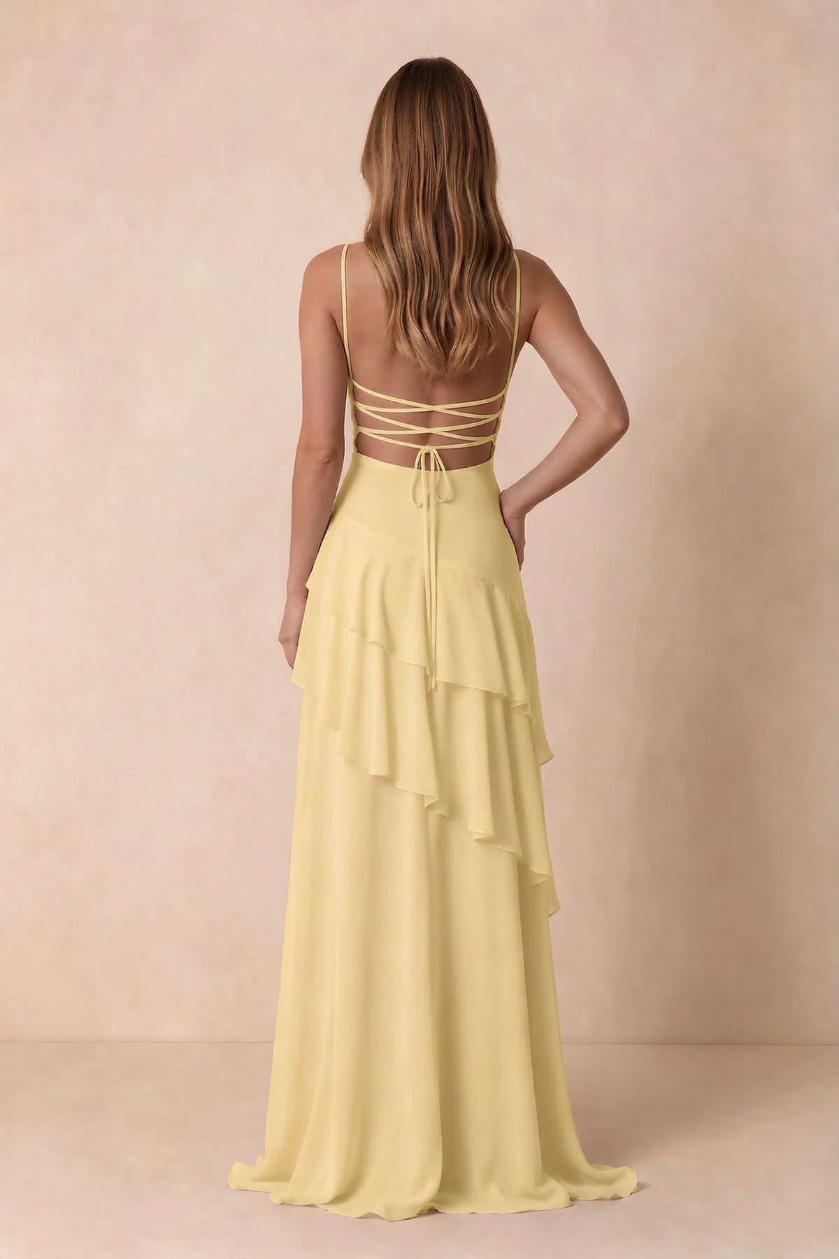 Rosalie Lemon Chiffon Tiered Ruffle Sweetheart Maxi Dress