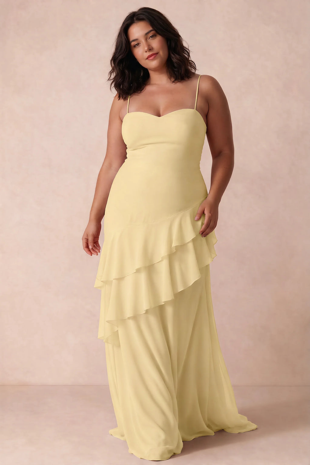 Rosalie Lemon Chiffon Tiered Ruffle Sweetheart Maxi Dress