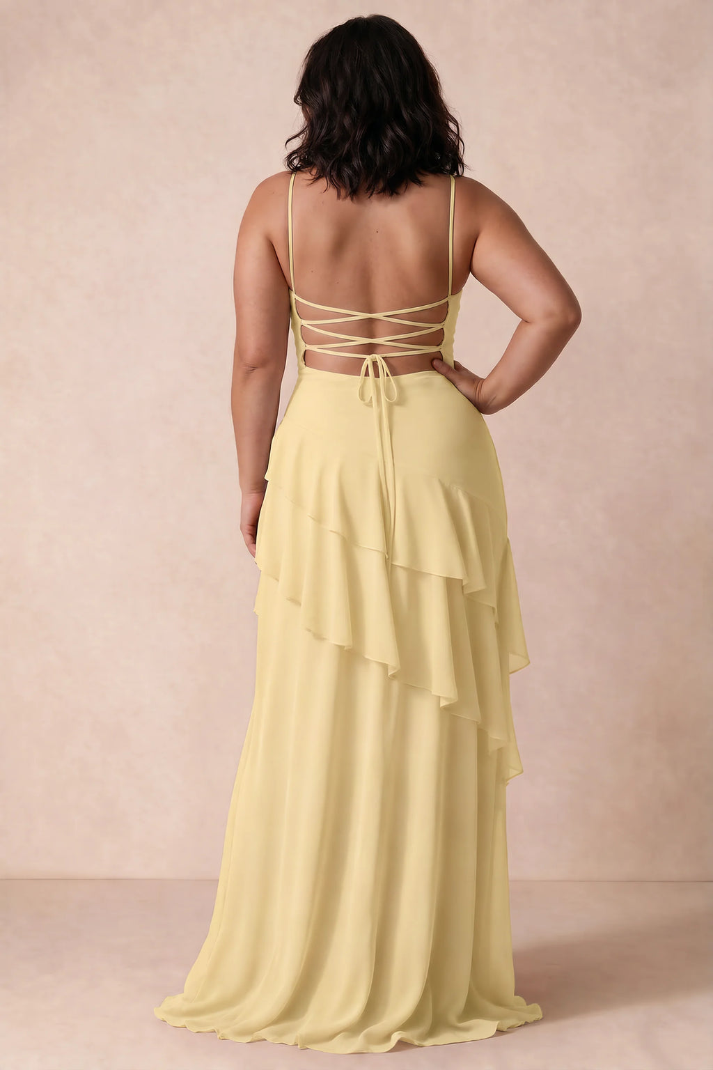 Rosalie Lemon Chiffon Tiered Ruffle Sweetheart Maxi Dress