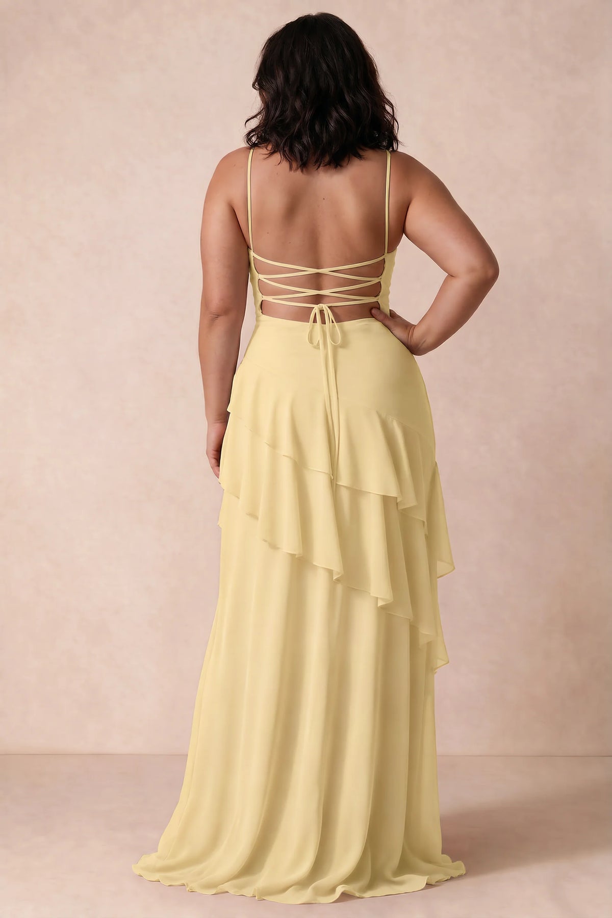 Rosalie Lemon Chiffon Tiered Ruffle Sweetheart Maxi Dress
