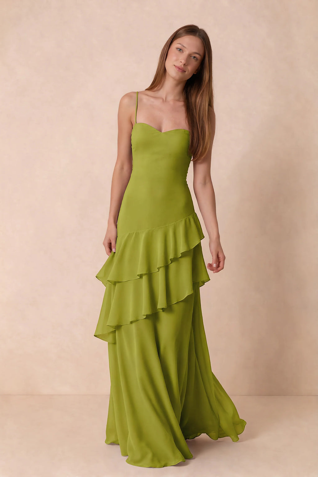 Rosalie Lemon Green Chiffon Tiered Ruffle Sweetheart Maxi Dress